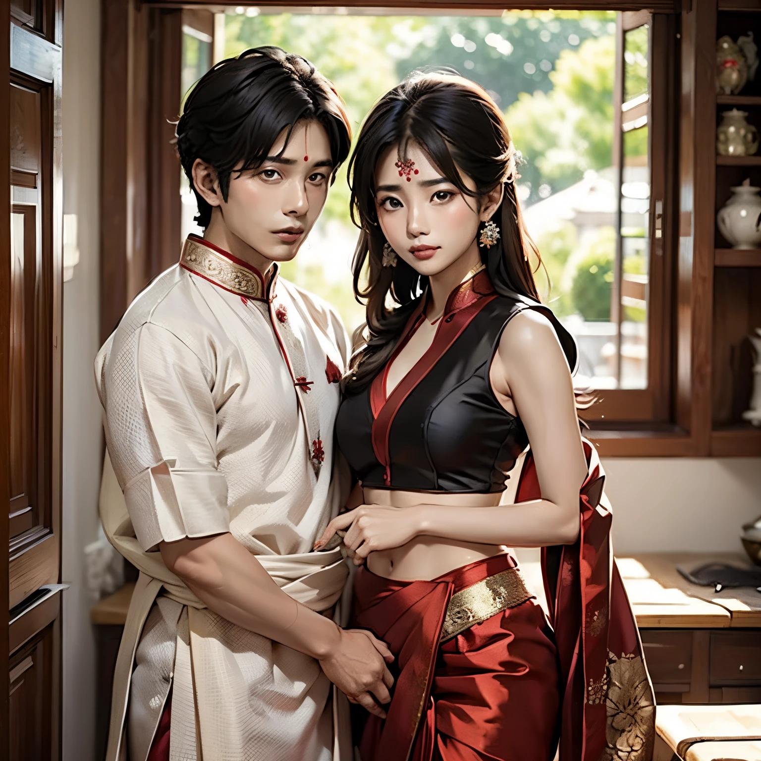 Handsome Korean boy in indian TRADITIONAL black kurta , and Korean girl in TRADITIONAL red saree