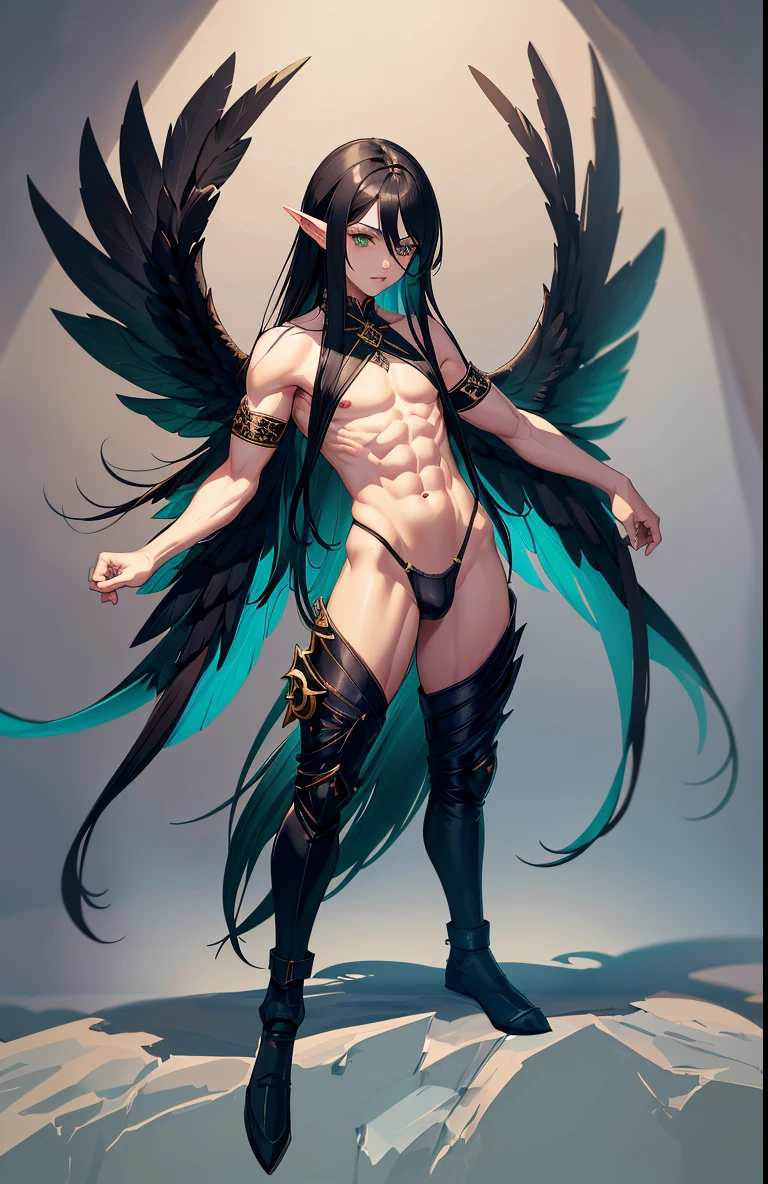 Black long hair, green eyes, dnd male halfling, wings on back, androgynous, full body portrait, flat chest, defined muscle, nsfw, bulge