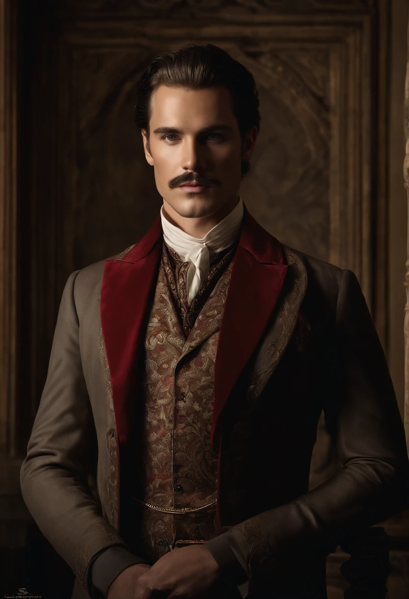 A dimly lit chamber with an ancient, weathered tome open on an ornate stand, bathed in soft candlelight.,Various games in the Dark Pictures Anthology,
The Curator is an impeccably dressed man with an air of sophistication and mystery. He stands tall, his posture upright and commanding. His features are sharp and defined, adding to his enigmatic presence.
His face is pale, almost porcelain-like, accentuating his piercing blue eyes. His eyes hold a depth of knowledge and a hint of mischief, seeming to see beyond the physical realm. They are framed by thin, well-groomed eyebrows that arch slightly, giving him an inquisitive and analytical look.
The Curator's hair is slicked back, revealing a touch of gray amidst the darker strands. It is meticulously styled, each strand in place, suggesting a meticulous attention to detail. Despite the touch of gray, his hair retains a sense of vitality, emphasizing his timeless nature.
He wears a neatly trimmed mustache that matches the color of his hair. The mustache adds a touch of refinement to his overall appearance, enhancing his sophistication and charm.
The Curator's attire exudes elegance and style. He is dressed in a tailored suit, the fabric smooth and rich. The suit jacket fits him perfectly, accentuating his slim physique. The color of the suit can vary, but it is often seen in shades of dark gray or black, adding to his mysterious aura.
The Curator accessorizes his outfit with a few carefully selected items. He wears a pocket watch attached to a chain, which dangles from his vest or jacket pocket. The watch is intricate and ornate, a symbol of his connection to time and the unfolding events. He also sports a vibrant red pocket square, a pop of color that contrasts with the rest of his attire, drawing attention to his persona.
Overall, the Curator's appearance is one of refined elegance and calculated attention to detail. His pale complexion, sharp features, and stylish attire contribute to his enigmatic presence, making him a captivating and memorable character in the Dark Pictures Anthology., male