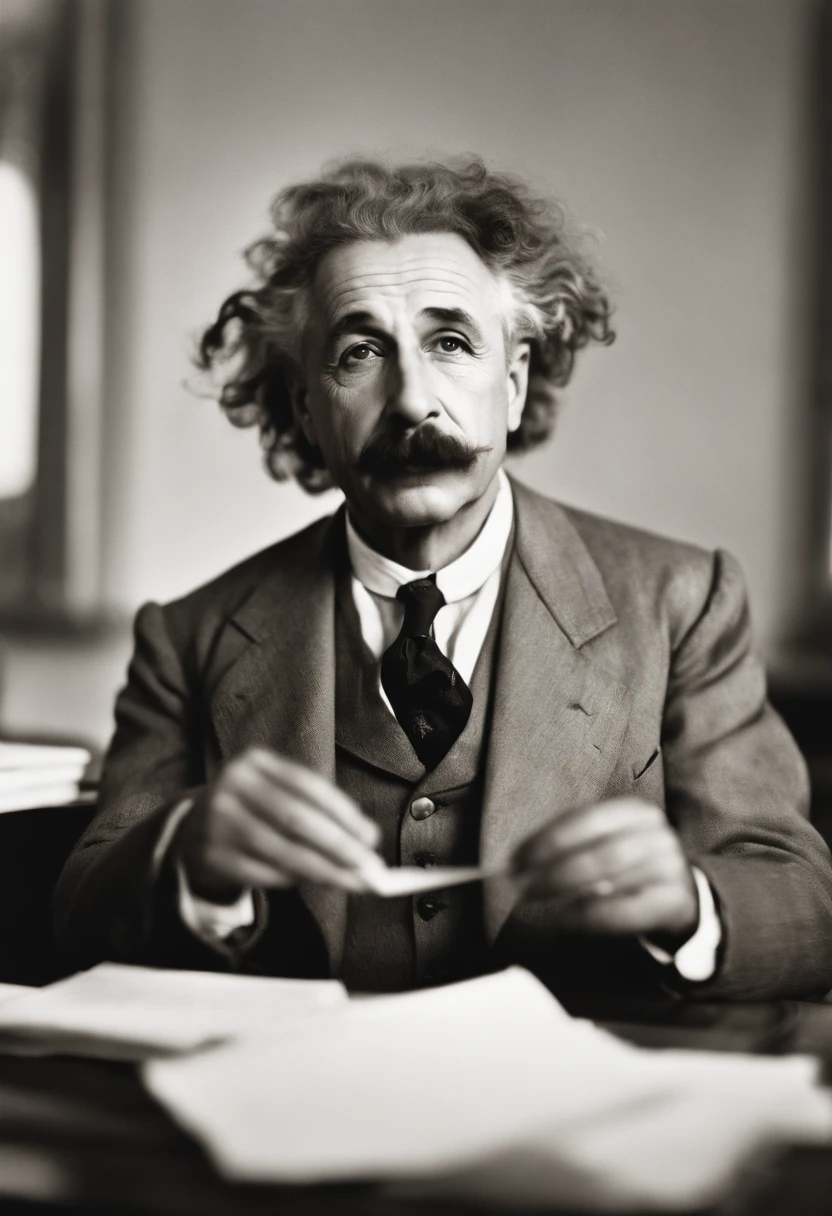 scientist Albert Einstein looking to the side with great anger, a rare moment of intense anger asking for silence with a finger in his mouth,, mysterious, against the backdrop of a dimly lit large hall with imposing and foreboding windows shrouded in fog, casting a mysterious and mystical environment, as if the shadows themselves were about to reveal a sinister secret, with a warm, muted color palette of burnt oranges, faded golds and dusty blues, evoking a sense of aged and forgotten knowledge, surrounded by scattered tomes and dusty and ancient scientific instruments, bathed in a warm, soft glow. vintage retrocore, daguerrotype,, photo, cinematic