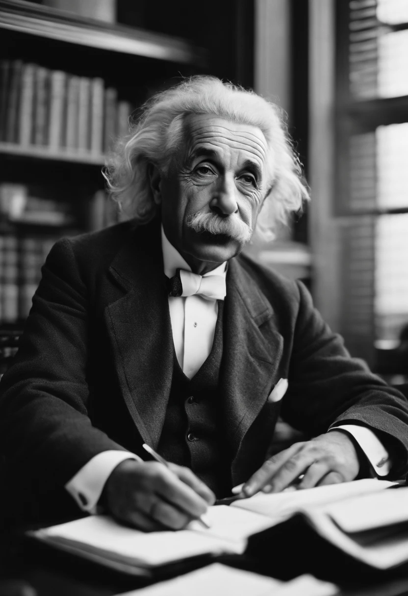 A photo of Einstein sitting at his desk with papers scattered around, lost in thought with a pen in hand and a playful smirk on his face.,original,Einstein’s appearance was iconic, with his wild, unkempt hair, bushy mustache, and piercing eyes often giving him a thoughtful and slightly disheveled look. He typically dressed in a simple, non-flashy manner, favoring comfort over style. , male