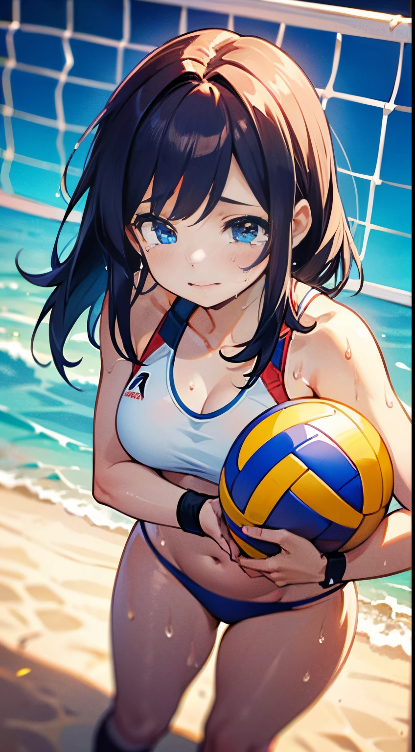 unity 8k wallpaper, anatomically correct, (((masterpiece))), (((best quality))), (((ultra detailed))), (((high-resolution))), ((super fine illustration)), ((Ultimate cutie)), detailed beautiful face, BREAK, ((2girls)), ((couple)), cheek-to-cheek, ((yuri)), 18 years old, (potbelly), (curvy), medium breasts, ((Thick thighs)), shiny hair, ((Regretful expression)), (((tearfully))), ((blush)), BREAK, (((sports bikini))), swim wear, (beach volleyball uniform), ((wrist bands)), ((kneepads)), two female beach volleyball players, BREAK, ((hold the Beautiful spherical shape 6-inch volleyball )), stylish pose, ((sweat)), (perspired), (heavy breathing), sense of depth, ((in beach volleyball court)), lighting, from above, ((looking at viewers)), looking down, cowboy shot, couple focus