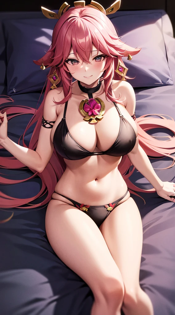 Yae miko, rose hair , big breastes , Sexy anime woman , in pink bra and panties , Lying on the bed with legs spread  , looks at us with a smile , beste-Qualit , overhead view