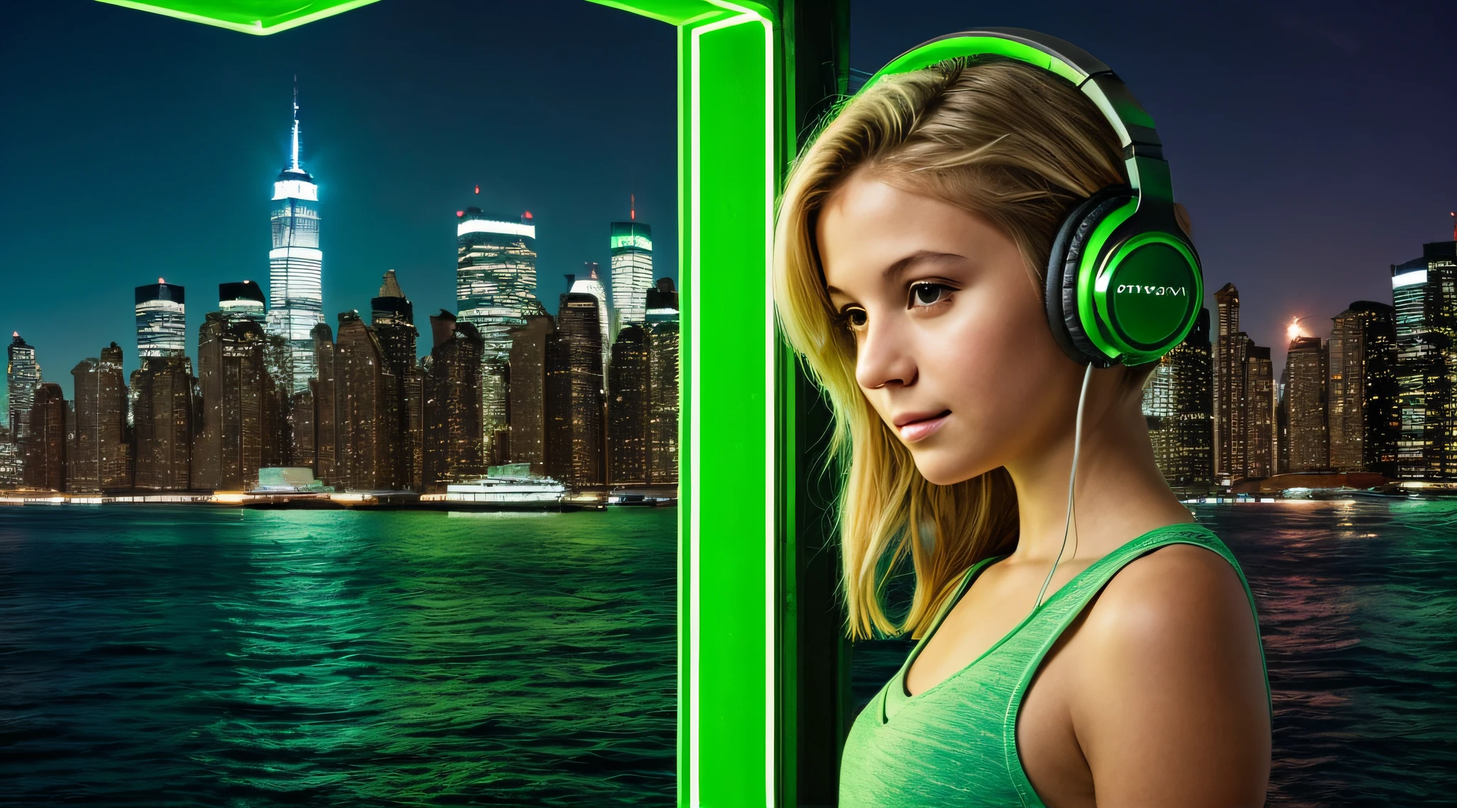 KIDS GIRLS WITH BLONDE HAIR HEADPHONE close up a bridge over a body of water near a city, Fundo de Nova York detalizado, fundo brooklyn, brilho verde, Fundo da cidade de Nova Iorque, Fundo de Nova Iorque, verde brilhante, Brilho Verde, brilho radioativo verde, luz ambiente verde, cores verdes doentias, neon verde, tema colorido verde, new york backdrop, green lighting, fundo de tela verde