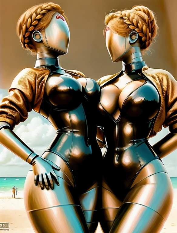 (anime), (illustration), cartoon, detailed, sexy, twins, (on beach:1.3), busty, huge breasts, wide hips, (soaked in oil:1.2), posing, hugging