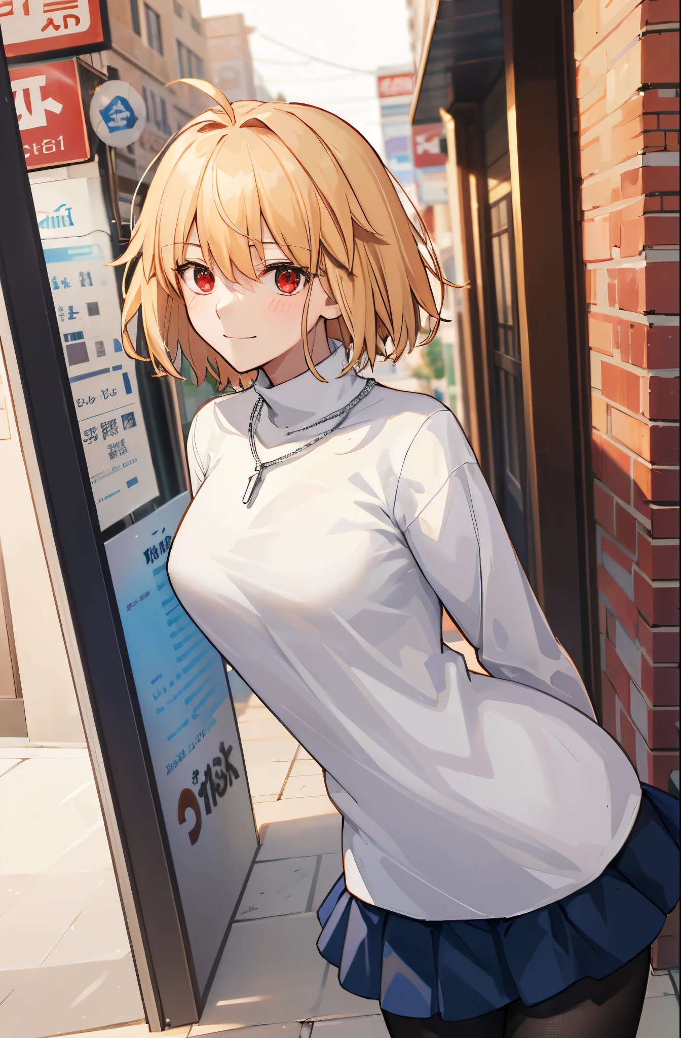 arcueid \(tsukihime\), 1girl, alley, arms behind back, black pantyhose, blue pleated skirt, blush, breasts, building, cowboy shot, day, chain necklace \(arcueid\), large breasts, looking at viewer, outdoors, smile, solo, standing, white long sleeves turtleneck white sweater, taut clothes, thigh gap, closed mouth, leaning forward,