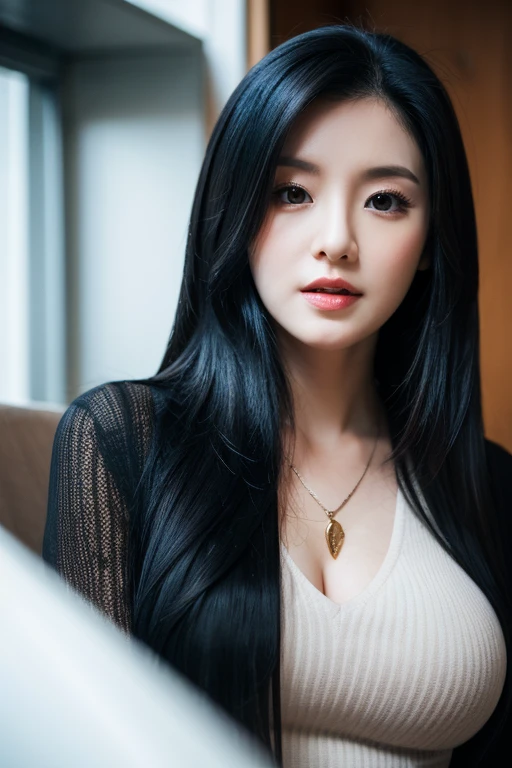 A Tall Busty Woman With Pale Skin, Dark Eyes, and Long Black Hair
