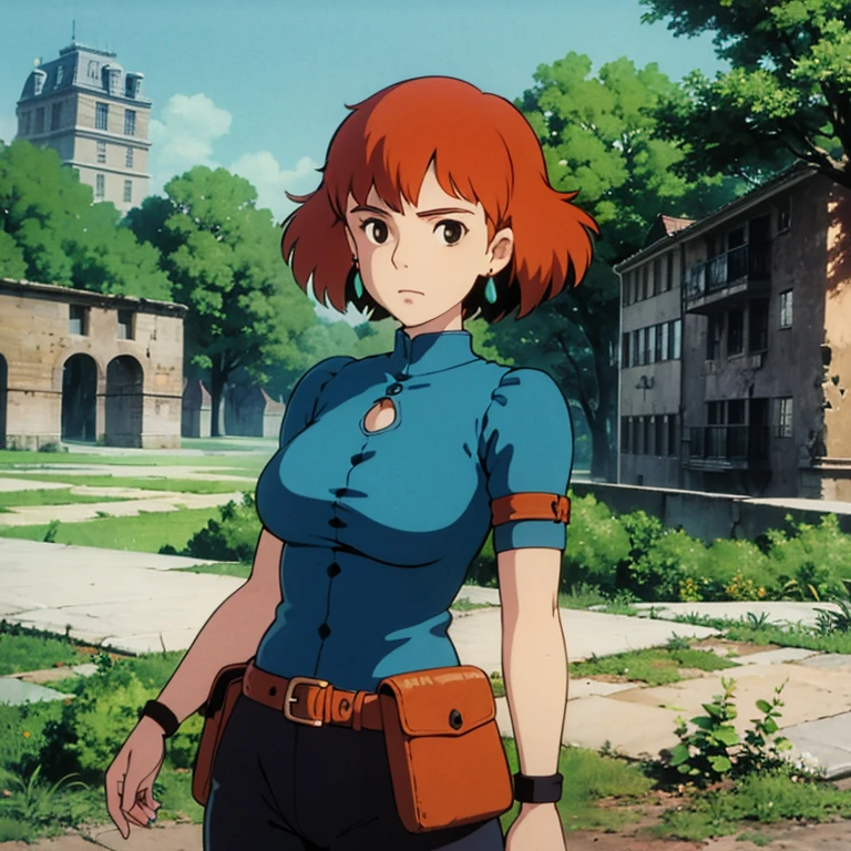 ghibli style, Nausicaa \(Nausicaa\), 1girl, 30 y.o., armlet, bangs, orange hair, Nausicaa outfit, breasts, earrings, floating hair, forest, brown eyes, jewelry, looking at viewer, medium breasts, sea of decay crumbling buildings, outdoors, parted bangs, shirt, medium hair, solo, tree, upper body, blue shirt , steampunk, ((masterpiece)),