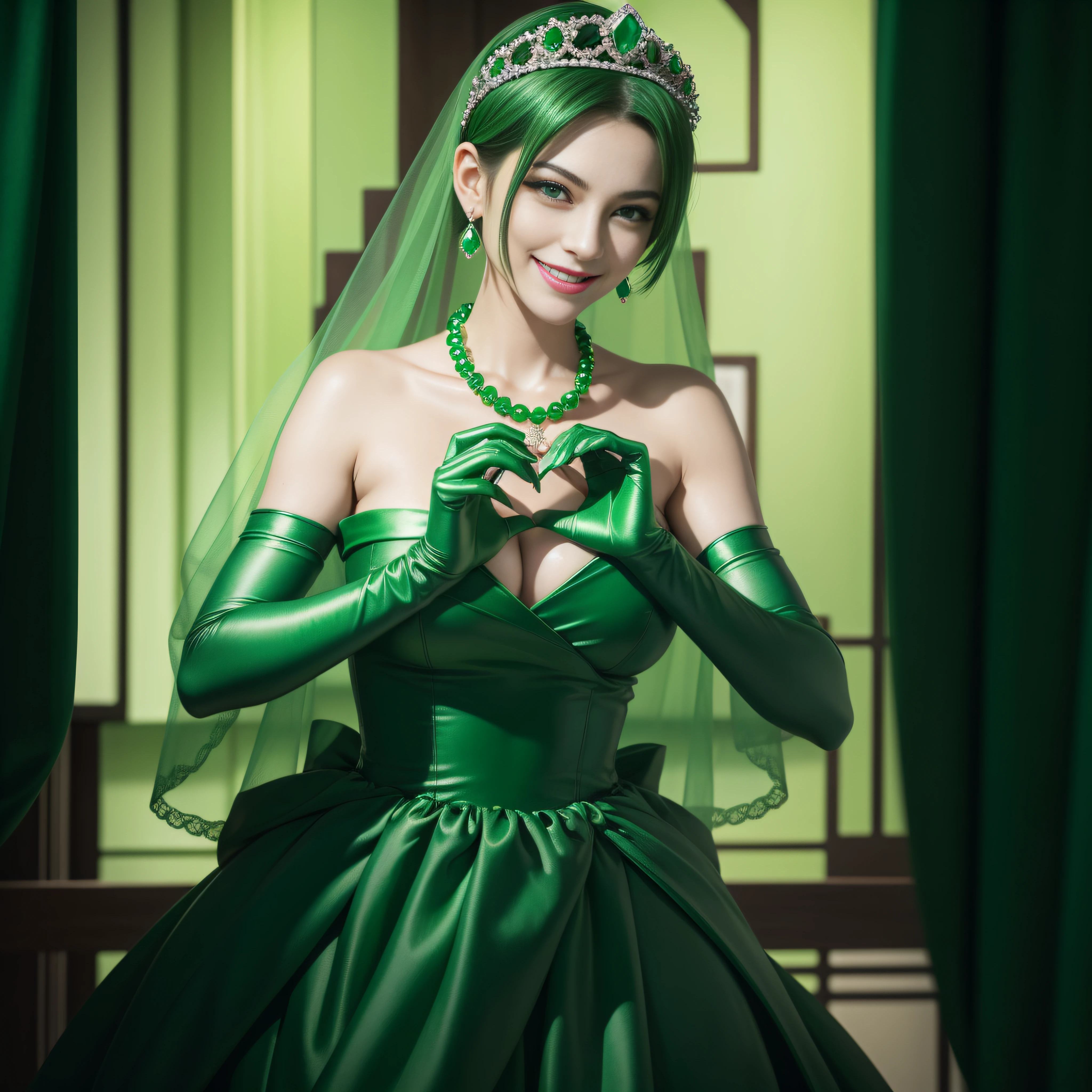 emerald tiara, Green Pearl Necklace, Boyish very short green hair, lipsticks, Japan woman smiling, very short short hair, big breasts beautiful, Green eyes, Long green gloves made of satin material, Green eyes, Emerald Earrings, green vale, Heart with both hands