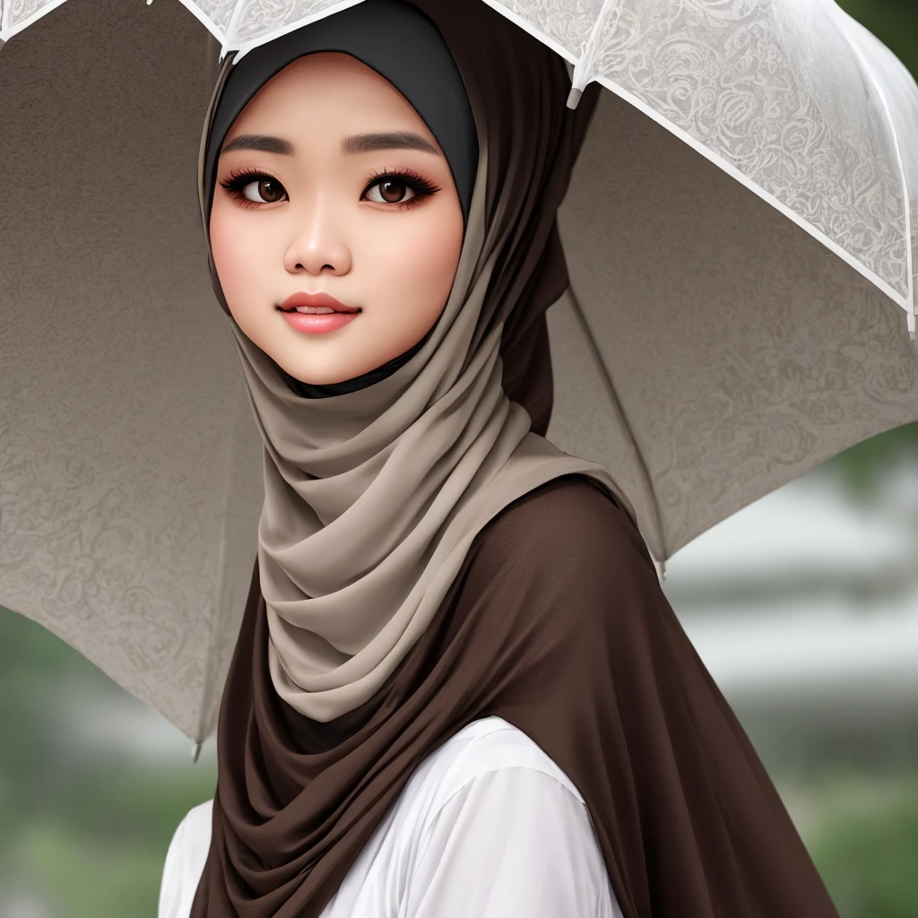 Malay girl wearing hijab brown eyes white blouse  super realistic image using umbrella