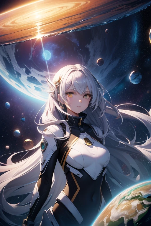 Absurd resolution, high resolution, (masterpiece: 1.4), super detail, a girl, very long straight hair, silver hair colorful, big yellow crystal eyes, seductive face, determined face, from above, space, floating in the space, no G, (floating space girl), center, looking to the viewers, spacesuit, big blue earth in the back, sun rising from behind the earth, shining, sunlight, fractal art, 3D,