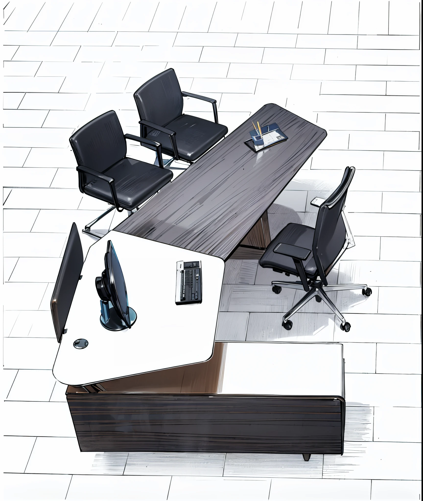 there is a desk with a computer and a chair in the room, display”, by Juergen von Huendeberg, hq ”, by Wilhelm Bendz, desks, hr geiger design, black and white”, big desk, office furniture, by Harold von Schmidt, modern office, award-winning”, by joseph binder, by Thomas Bock