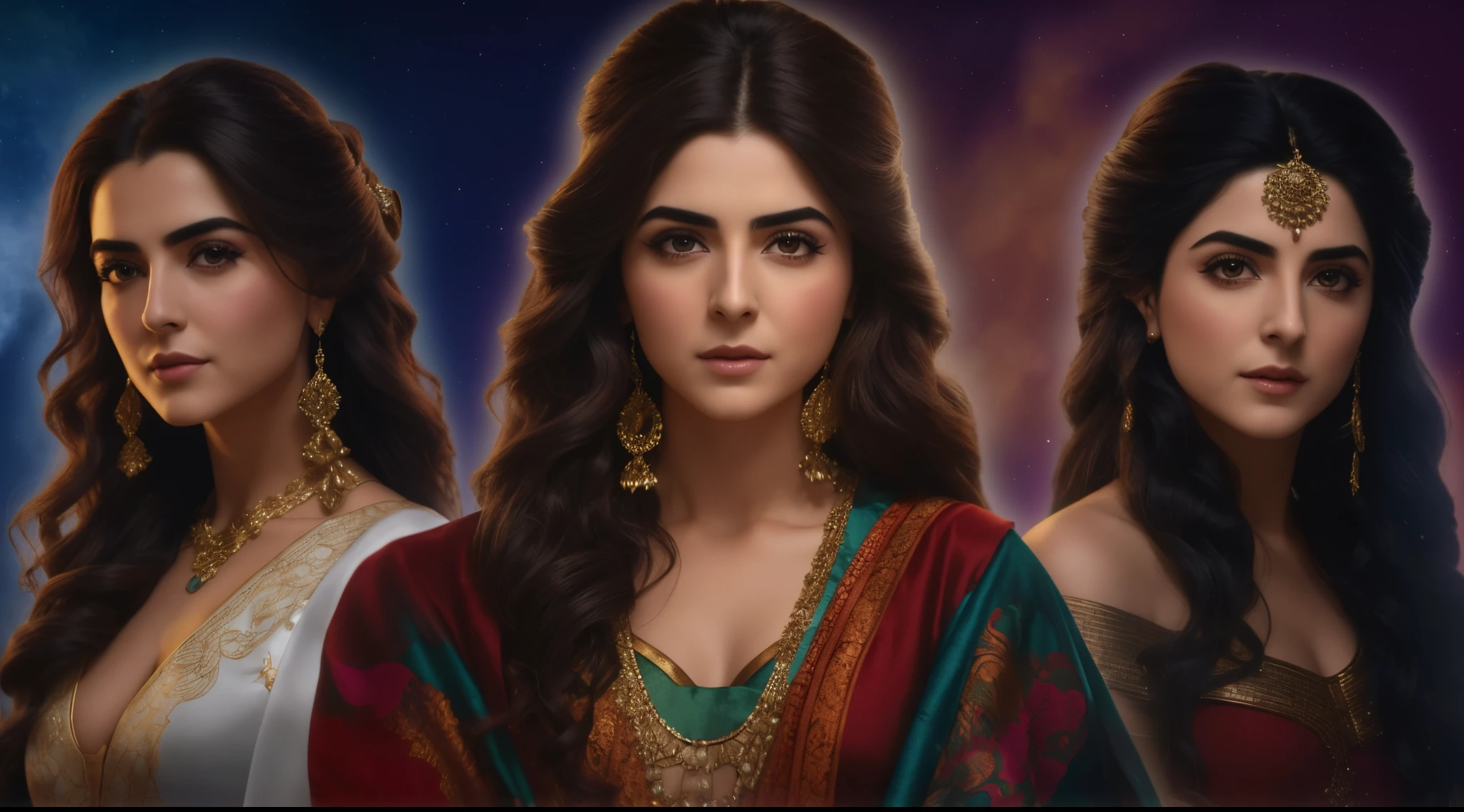 three women in different ethnic clothes stand in front of a purple background, Maya Ali como D&d feiticeiro, Maya Ali Feiticeira, Maya Ali como um D&d feiticeiro, Maya Ali como D&D mago, Maya Ali como um Mago, Maya Ali Feiticeiro, Maya Ali como uma feiticeira da tempestade