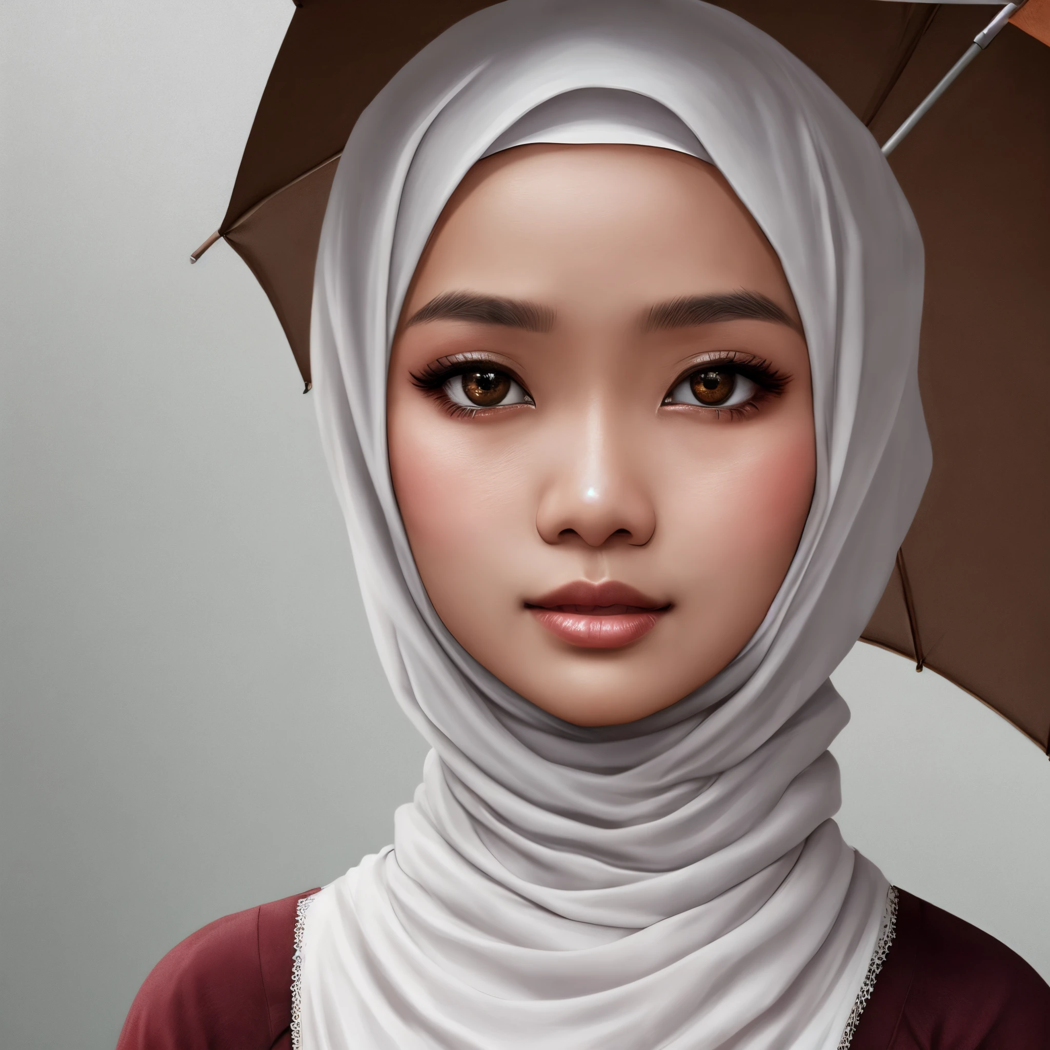 Malay girl wearing hijab brown eyes white blouse super realistic image using umbrella