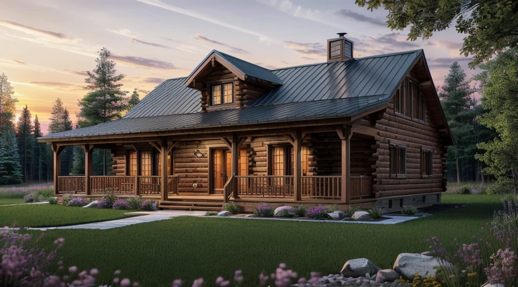(best quality,4k,8k,highres,masterpiece:1.2),ultra-detailed,(realistic,photorealistic,photo-realistic:1.37), cozy cabin, beautiful house exterior, two stories, simplistic design, warm lighting, Canada, spring, woods, evening, beautiful sunset, beautiful warm colours, grass, the sky is taking beautiful shades of pink and orange