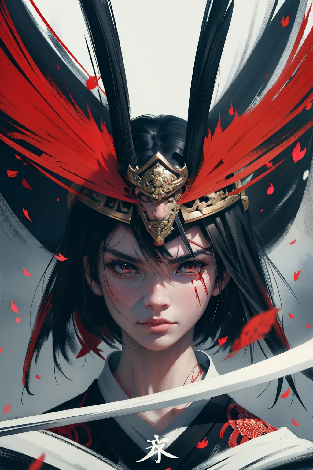 [best quality,highres,masterpiece:1.2],ultra-detailed,realistic,stronglighting,samurai,warrior,traditional armor,sharp katana,stoic expression,battlefield,fallen cherry blossoms,Japanese calligraphy,ink painting,black and white,contrast,brush strokes,vibrant red accents,strength and honor,blade reflection,samurai spirit,majestic,graceful movements,braveheart,warrior's code,quiet determination,ancient traditions,blood and sweat,loyalty and sacrifice,dark shadows,deep focus,calm before the storm,heroic pose,serene landscape,bushido,unwavering loyalty,emblematic helmet,endless battle,eternity,weapon mastery,legendary warrior,ultimate sacrifice