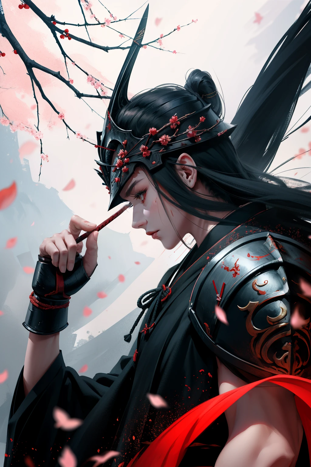 [best quality,highres,masterpiece:1.2],ultra-detailed,realistic,stronglighting,samurai,warrior,traditional armor,sharp katana,stoic expression,battlefield,fallen cherry blossoms,Japanese calligraphy,ink painting,black and white,contrast,brush strokes,vibrant red accents,strength and honor,blade reflection,samurai spirit,majestic,graceful movements,braveheart,warrior's code,quiet determination,ancient traditions,blood and sweat,loyalty and sacrifice,dark shadows,deep focus,calm before the storm,heroic pose,serene landscape,bushido,unwavering loyalty,emblematic helmet,endless battle,eternity,weapon mastery,legendary warrior,ultimate sacrifice