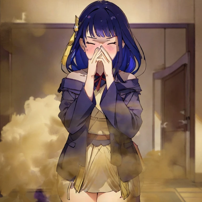 (masterpiece:1.2、top-quality)、(the Extremely Detailed CG Unity 8K Wallpapers、ultra-detailliert、Best Shadows)、(细致背景)、(The best lighting、extremely delicate and beautiful)、depth of fields, yellow smoke covering her face, covering nose using bare hand, upward looking gaze、closed her eyes,((student clothes)),(((syncope))),((shed tears)),((((Girl is surprised when she smells the bad smell of farts)))),((((please cover your face with your hands。'There'no smell)))