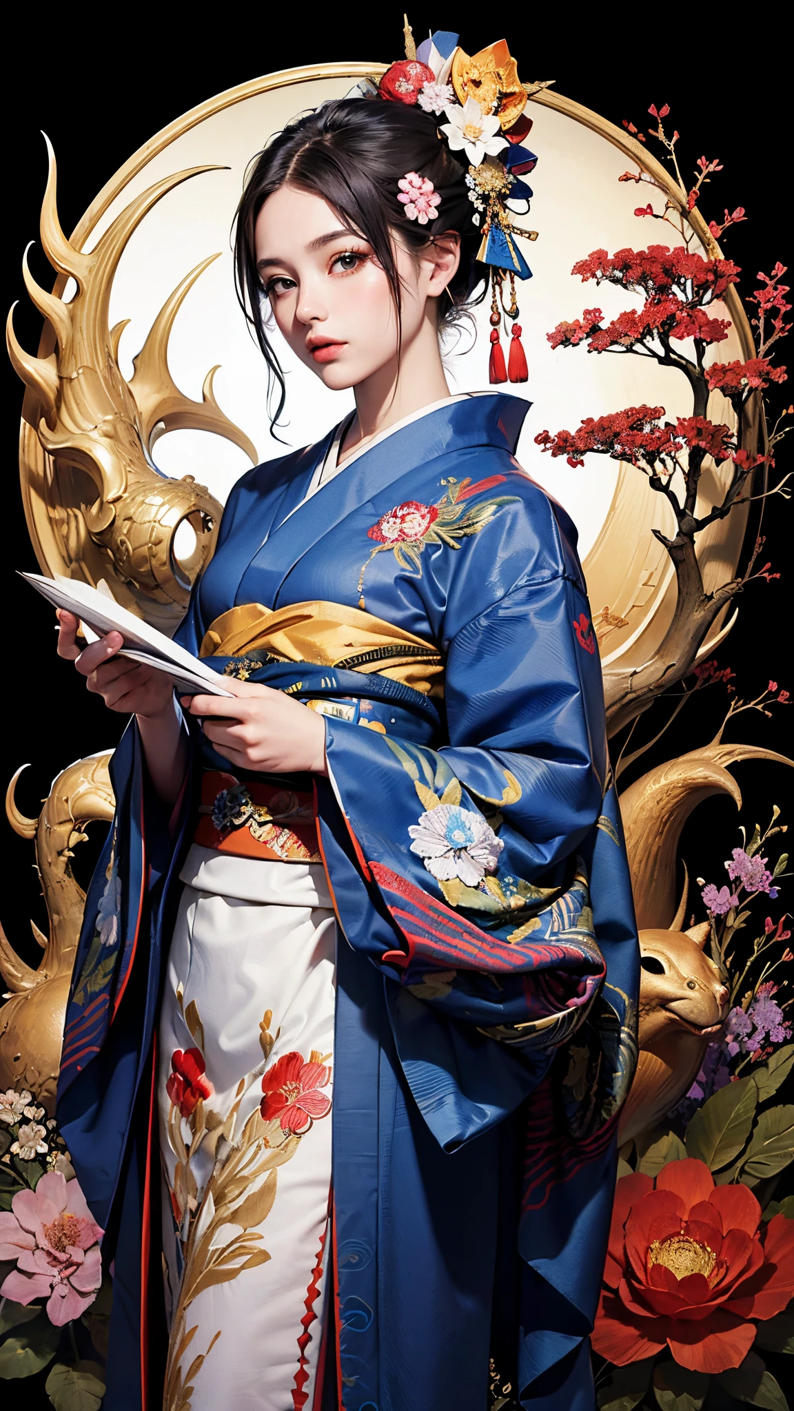 (masterpiece, top quality, best quality, official art, beautiful and aesthetic:1.2), (1girl),elaborate costume(Luxurious Japan kimono(Colorful kimono(detailed embroidery))), extreme detailed,(Fractal art),colorful,highest detailed,Mandala in the background