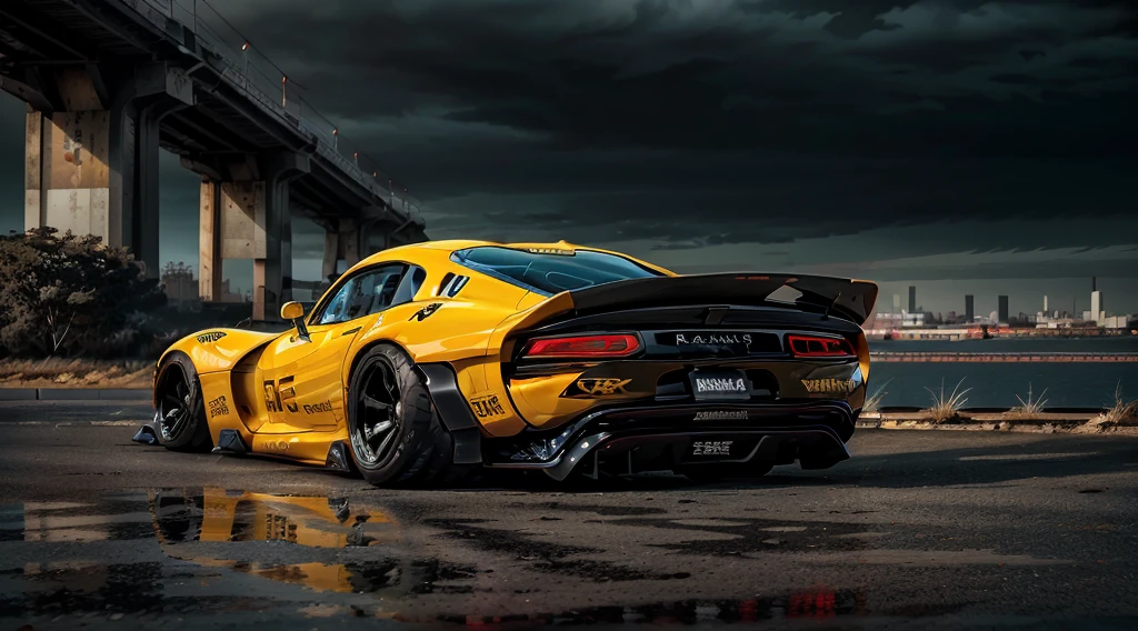 ((Dodge Viper GTS-R)), ((JonSibal design works Body Kit)), ((rear wing spoiler)), blacked out, front bumper splitters, side skirts, flared wheel arches, ((ominous looking)), (yellow racing alloy rims), ((lowered racing suspension)), high performance racing tyres, outdoors((gloomy sunset)) Wide angle lens, cgsociety, artstation, cgi, photorealistic, cinematic lighting, offset noise, ground shadows and reflections, 4k, inspired by dystopian cyberpunk, HDR studio light, {{supreme aerodynamics for maximum downforce}}, 3ds max, corona renderer, perfectly coloured, jaw dropping, sensational, menacing look, headlights on, ((parked on a bridge)), 4k wallpaper, ((dusk scene)), sunset, high spec automotive concept art, reflective ground shadows, symmetrical design, CGI, moody and atmospheric, trending on artstation, behance contest winner, cgsociety, imaginative design and craftmanship,