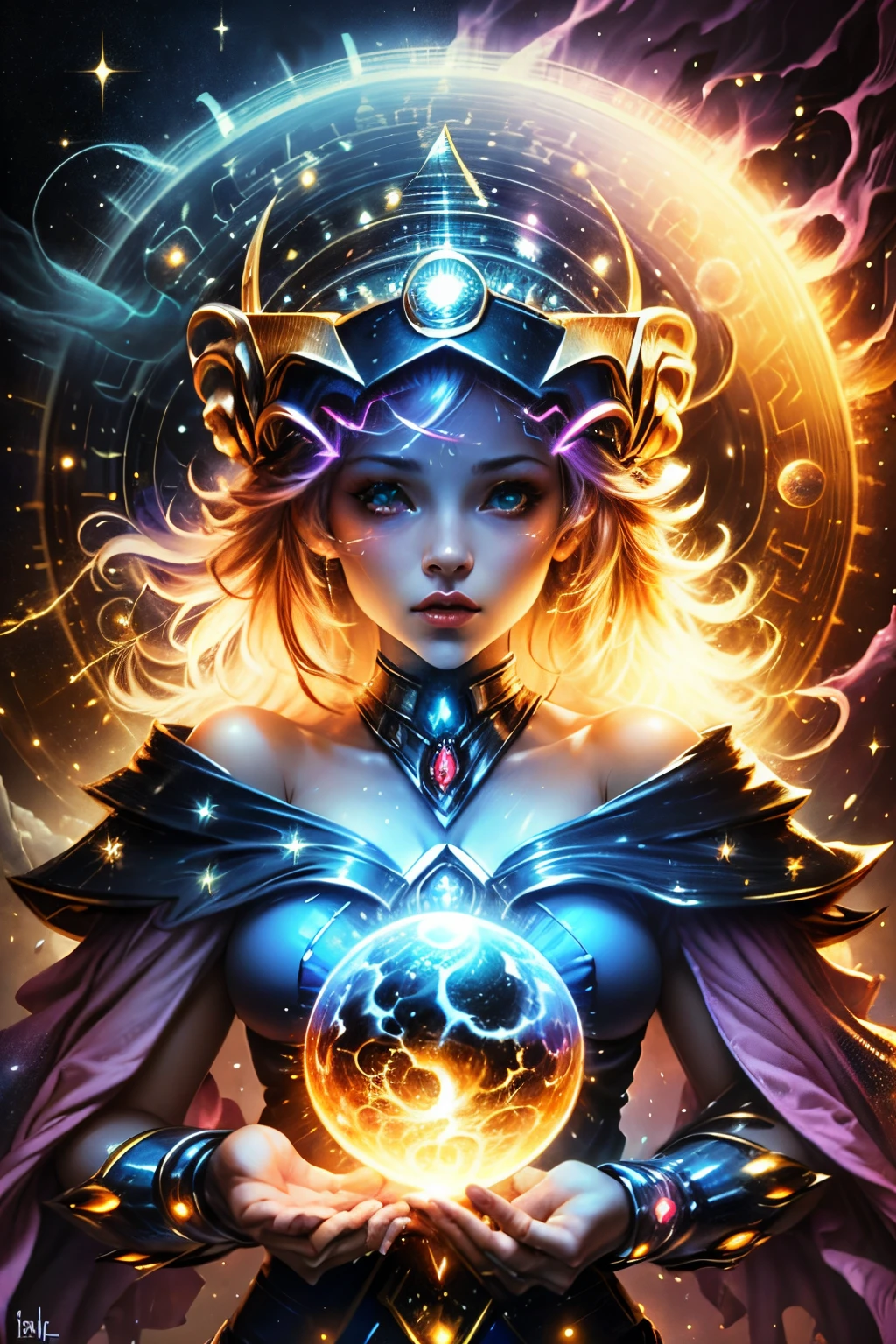 Giles magos oscuros. magos oscuros. ojos azules. cabello rubio. labios rojos. Detailed features.., cosmic colors, Ethereal lighting, Pintura surrealista, High resolution, Otherworldly atmosphere, Seres celestiales. Hermosa diosa