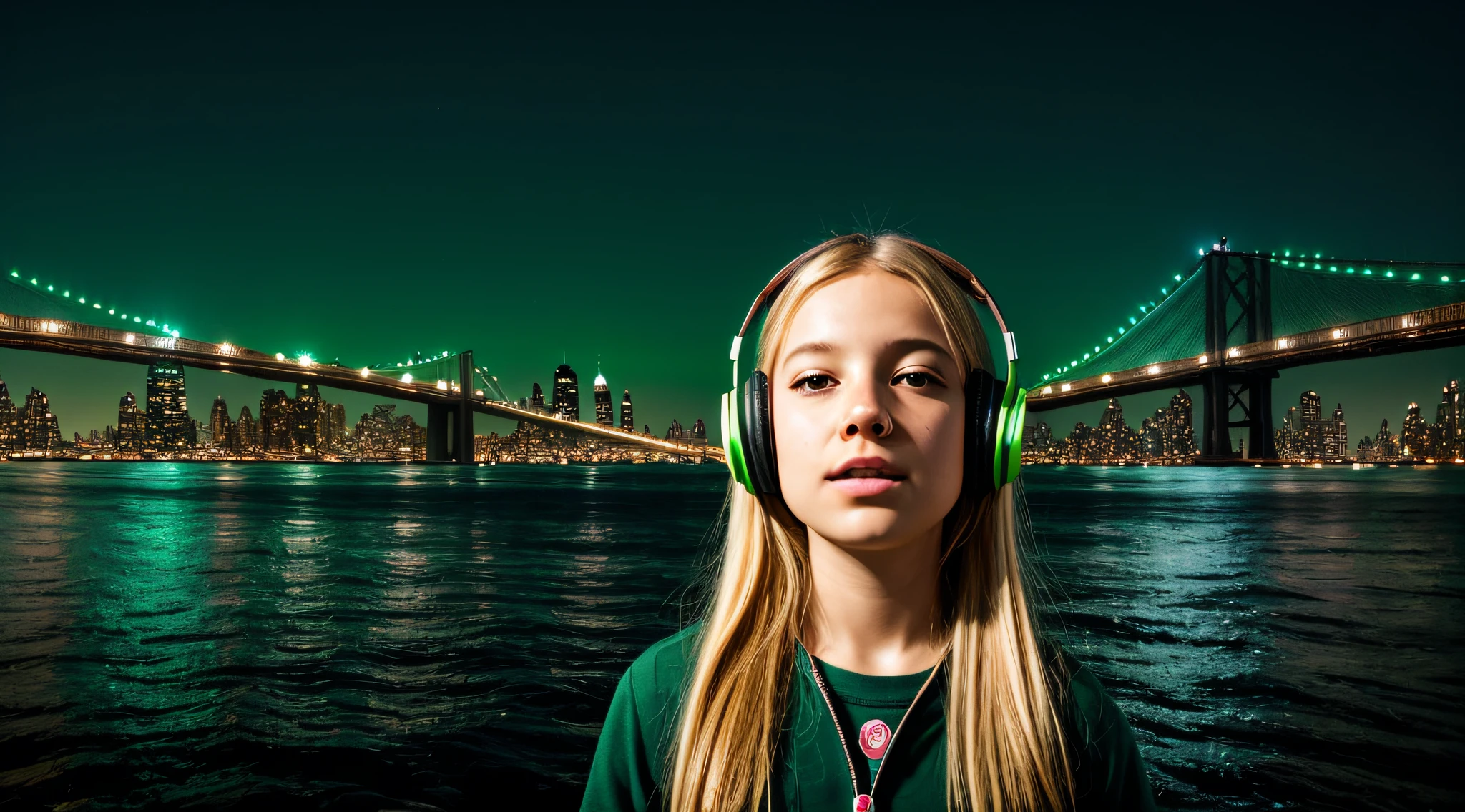 KIDS GIRLS WITH BLONDE HAIR HEADPHONE close up a bridge over a body of water near a city, Fundo de Nova York detalizado, fundo brooklyn, brilho verde, Fundo da cidade de Nova Iorque, Fundo de Nova Iorque, verde brilhante, Brilho Verde, brilho radioativo verde, luz ambiente verde, cores verdes doentias, neon verde, tema colorido verde, new york backdrop, green lighting, fundo de tela verde