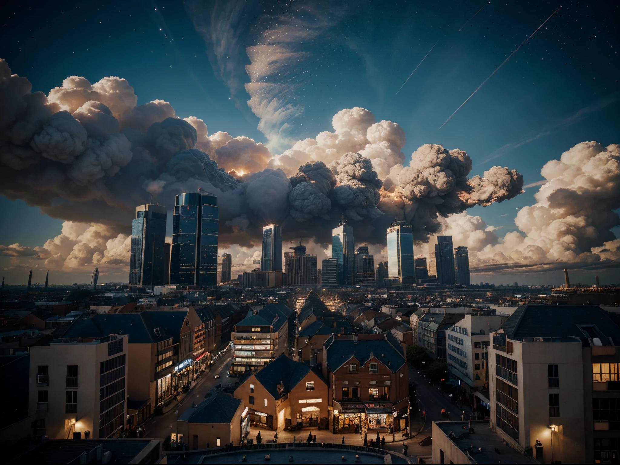 A whimsical scene with cartoonish buildings, exaggerated smoke, and comically oversized stars. The cityscape is depicted with a lighthearted touch.