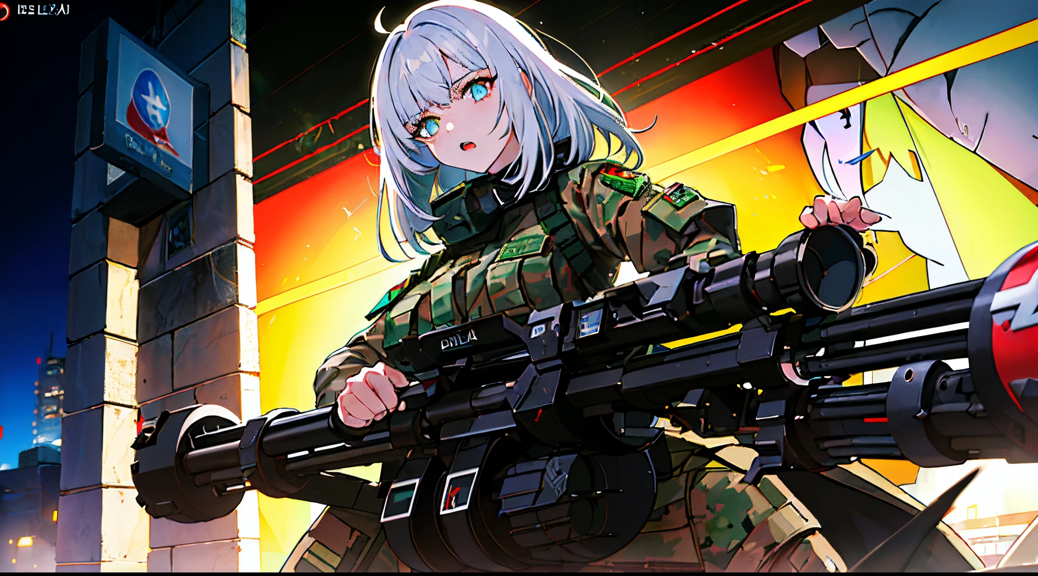 ((obra-prima: 1.5,melhor qualidade: 1.3)) girl in dark military clothes with assault rifle in a military operation in a city at night( 1 mulher, foco solo, mulher baixa, rosto delicado, expression would be, rosto e olhos de anime extremamente detalhados, olhos vermelhos, cabelo branco, olhos brilhantes, arma extremamente detalhada)