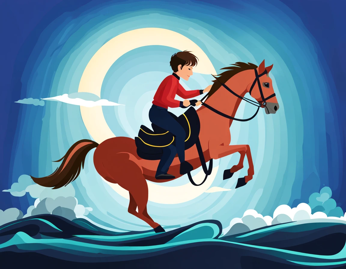 side view of a boy riding a horse on an oceanic island wearing a track suit , dark with an ray emblem, cinematic, water colour , art style, happy and feeling fulfilled