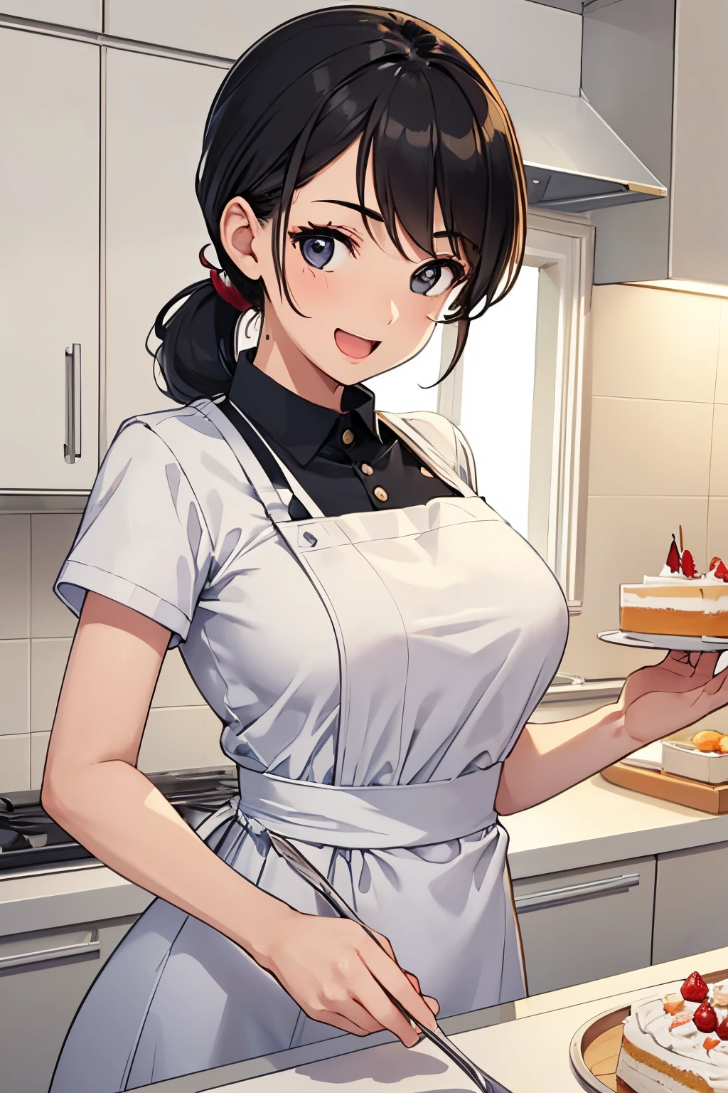 (masterpiece, best quality, high-resolution, ultra-detailed, best quality), detailed body, detailed face, 
BREAK
1girl, cute girl, large breasts, narrow waist, low ponytail, black hair, long eyelashes, black eyes
BREAK 
Chef, white Chef Uniform, making a whole cake, (I have cream on my face), happy smile, (wink), open mouth, kitchen