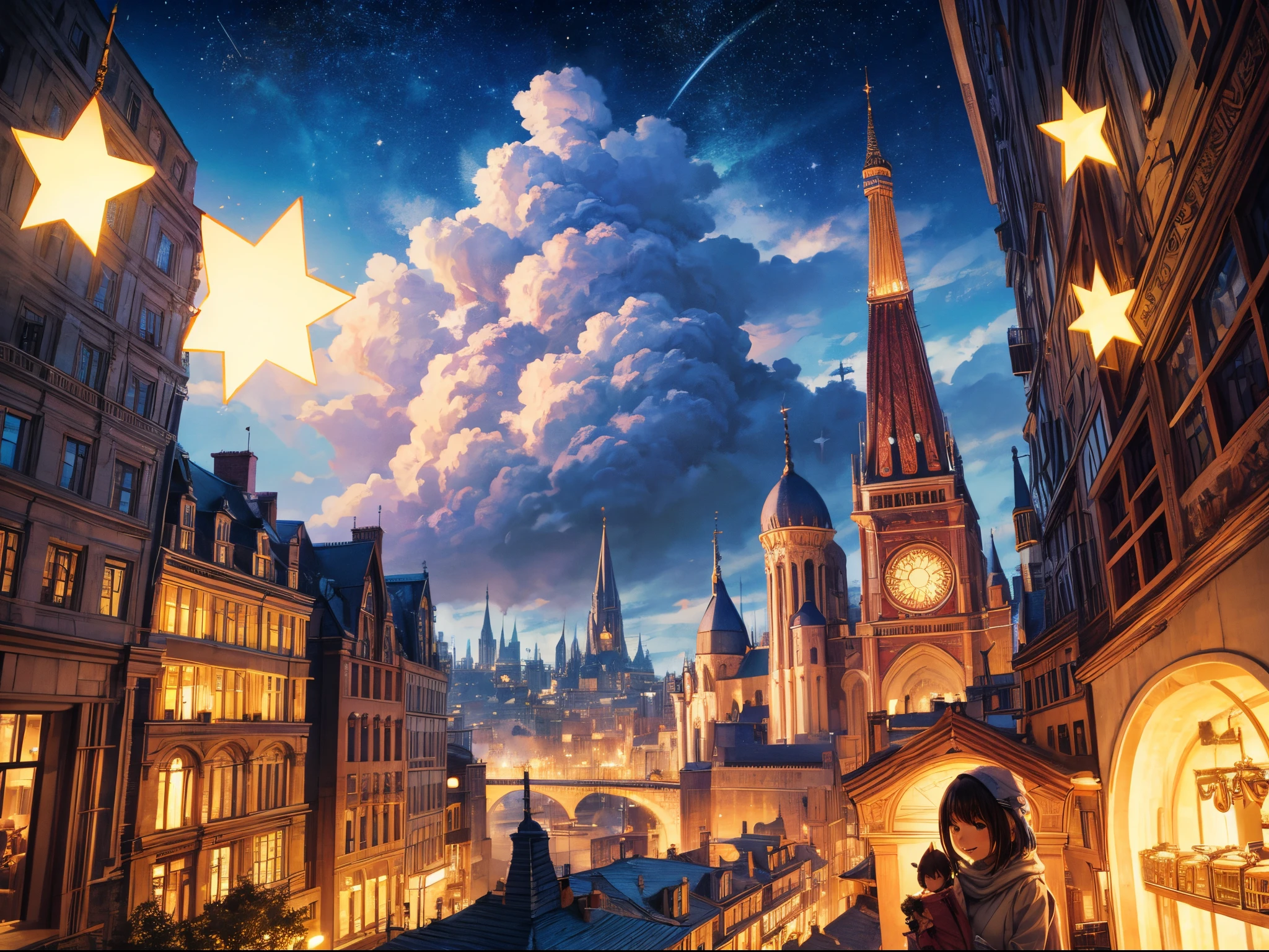 A whimsical scene with cartoonish buildings, exaggerated smoke, and comically oversized stars. The cityscape is depicted with a lighthearted touch.