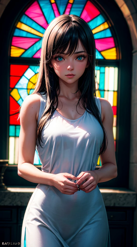 RAW, professional photograph, medium shot, photorealistic, realistic lights, realistic shadows, hyper-realistic, ray tracing, super detail, UHD, 8k, young woman painted on a stained glass, athletic body, cyan hair, cyan eyes, white dress, long hair, straight hair