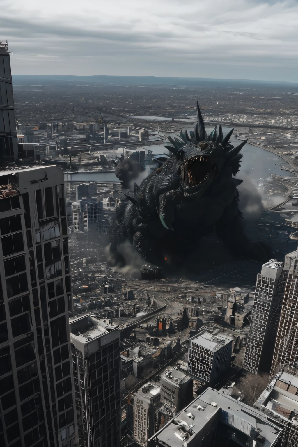 Helicopter camera filming a monster destroying a city, view over the monster, low contrast