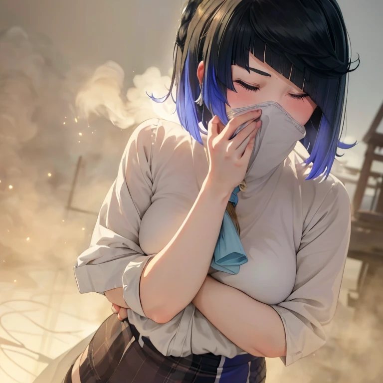 (​masterpiece:1.2、top-quality)、(the Extremely Detailed CG Unity 8K Wallpapers、ultra-detailliert、Best Shadows)、(细致背景)、(The best lighting、extremely delicate and beautiful)、depth of fields, yellow smoke covering her face, covering nose using bare hand, upward looking gaze、closed her eyes,((student clothes)),(((syncope))),((shed tears)),((((Girl is surprised when she smells the bad smell of farts)))),((((please cover your face with your hands。&#39;There&#39;no smell)))