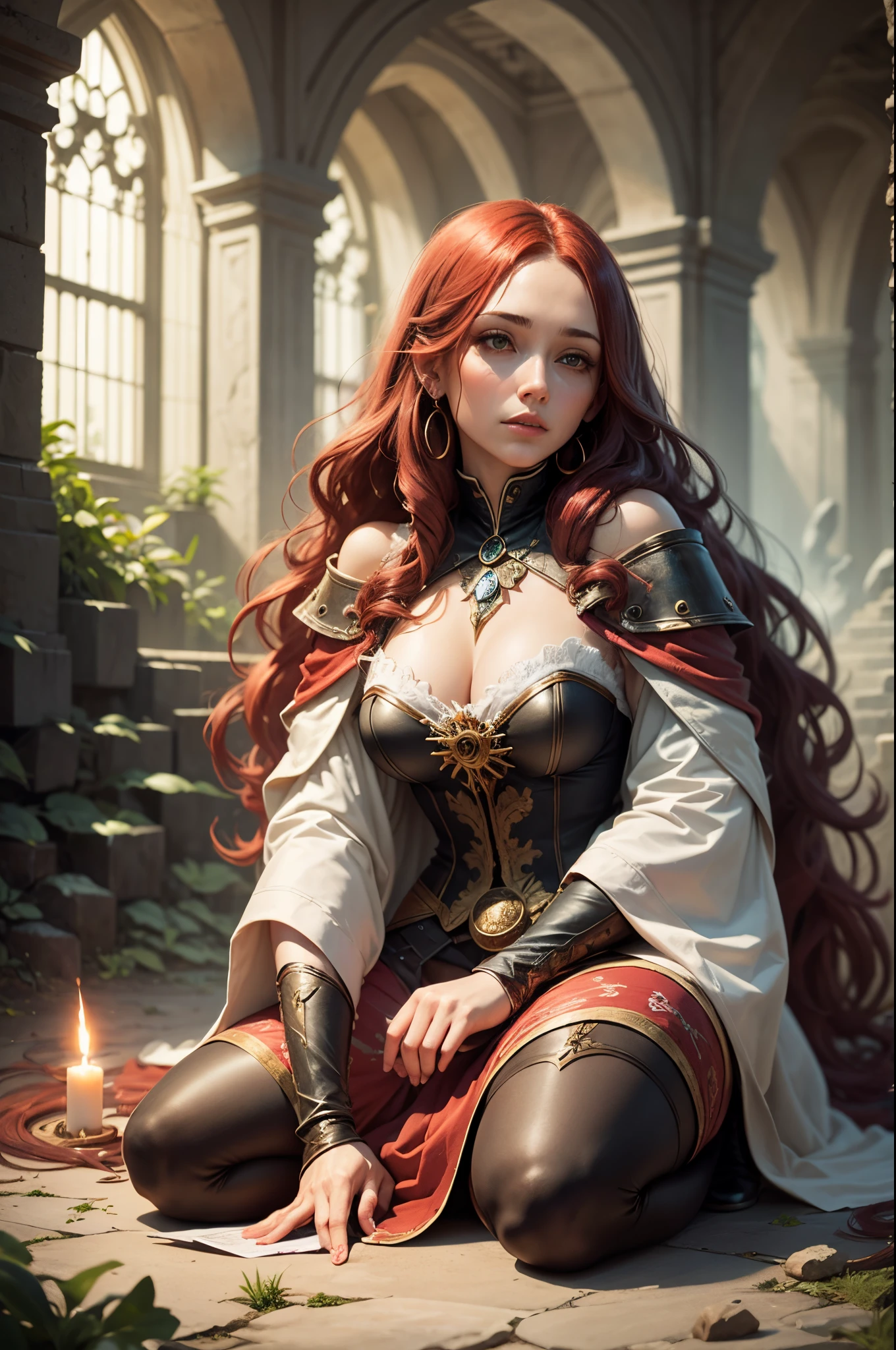 medieval female, sorceress, kneeling, ritual circle, dark , long red hair --auto --s2