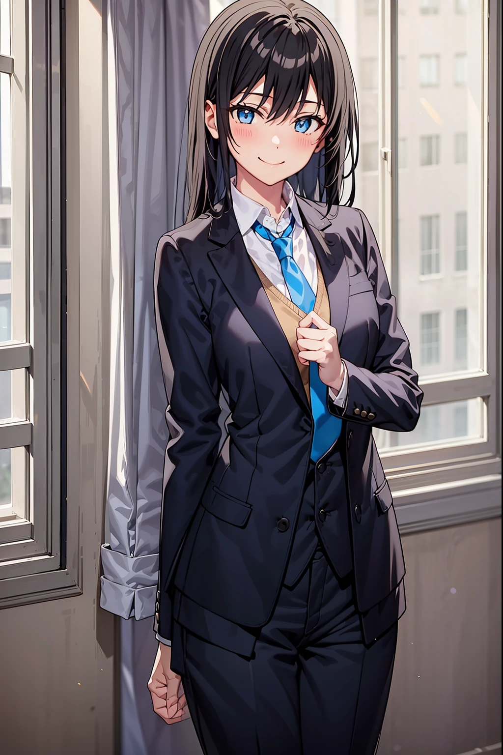 Yukinoshita Yukino wears a tuxedo coat, 1girl, Snafu anime, Female Butler, Elegant blue evening tie, collared shirt, bloomers, Black tail coat, Detailed background of the room, eyes blue, closed mouth, Smileing, Very sexy girl in suit and tie standing by the window, 1girl, 独奏, necktie, Black hair, eyes blue, long hair, smile, jacket, looking at the scenes, shirt, bloomers, blue necktie, collared shirt, white pants, white shirt, indoors, explosions, long-sleeved, closed mouth, window, black jacket, blush, cowboy shot, ceremonial, Yukinoshita Yukino suit, A woman in a black suit and blue tie is standing next to a windowsill, 1girl, 独奏, necktie, eyes blue, jacket