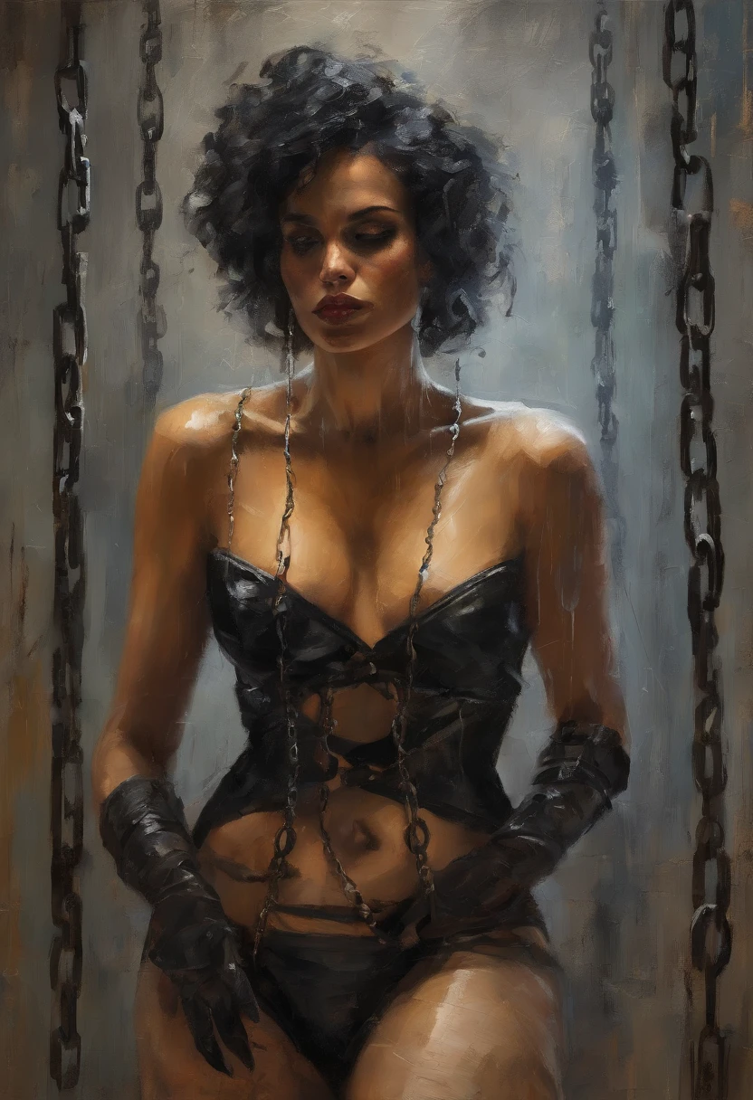 Black Corset, Bondage, (in prison cell), Chained Woman, Full Body, ((arm behind back)), Chained Chain, ((Best Quality, 8k, Masterpiece: 1.3)), Sharp Focus: 1.2, Beautiful Woman in Perfect Shape: 1.4, Slender Abs: 1.2, ((Layer Cut, Big: 1.2)), (Rain, Street: 1.2), Wet Body: 1.5, Highly detailed face and skin texture, detailed eyes, very short hair, BDSM, slave, rubber