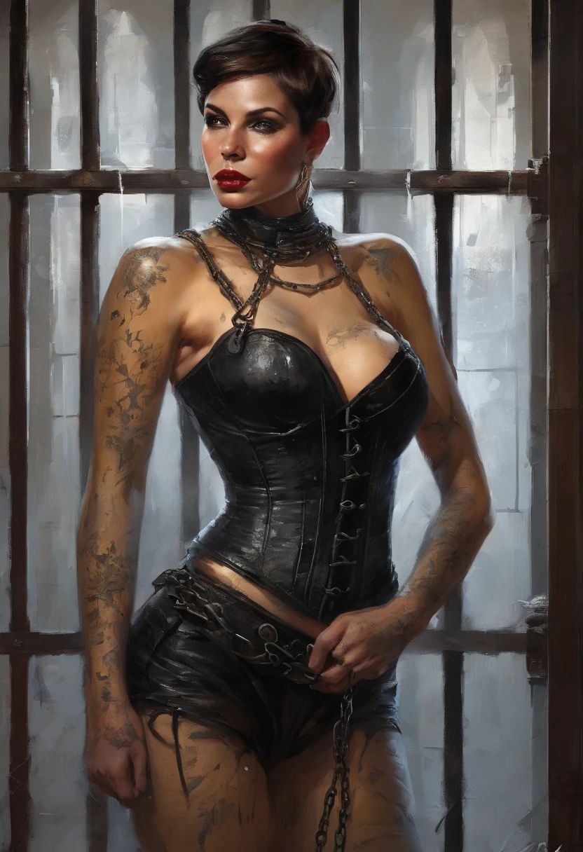 Black Corset, Bondage, (in prison cell), Chained Woman, Full Body, ((arm behind back)), Chained Chain, ((Best Quality, 8k, Masterpiece: 1.3)), Sharp Focus: 1.2, Beautiful Woman in Perfect Shape: 1.4, Slender Abs: 1.2, ((Layer Cut, Big: 1.2)), (Rain, Street: 1.2), Wet Body: 1.5, Highly detailed face and skin texture, detailed eyes, very short hair, BDSM, slave, rubber