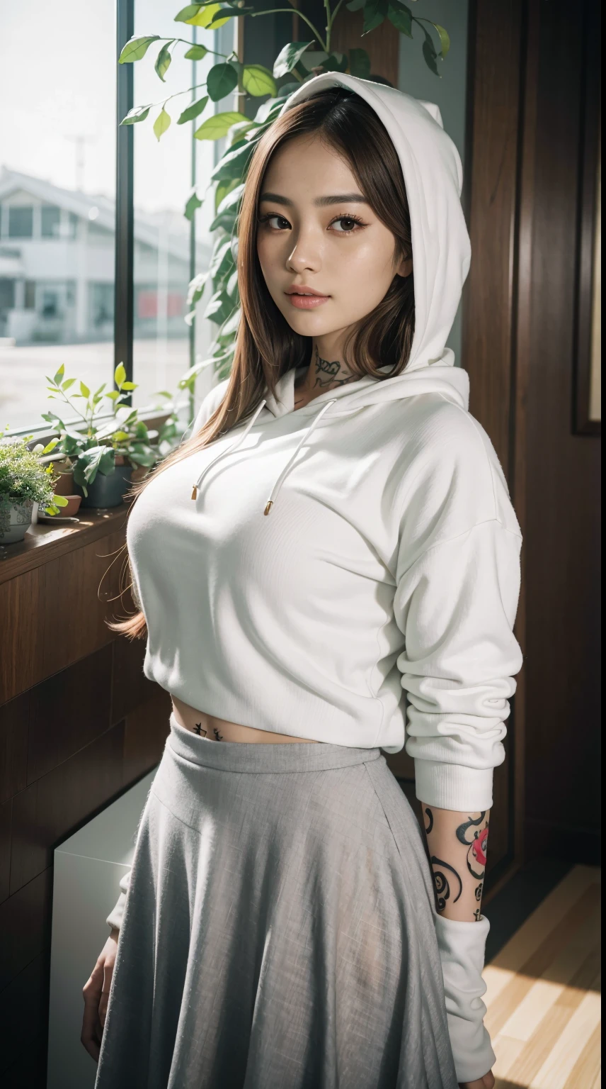 28 years old, gorgeous cute Turkish girl, smirk, freckles, araffe woman in a white hoodie and a gray skirt, pale snow brown skin, dilraba dilmurat, full body xianxia, dressed with long fluent clothes, korean girl, beautiful south korean woman, belle delphine, anime girl in real life, pale fair skin!!, sha xi, jia, gongbi, jaeyeon nam, wearing white gloves, curly hair on one side, lots of people and lots of plants in the background, famous models, good young girl, (masterpiece:1.0),(best_quality:1.0), ultra high res,4K,ultra-detailed, photography, 8K, HDR, highres, absurdres:1.2, Kodak portra 400, blurry background, bokeh, lens flare, (vibrant_color:1.2), professional photograph, (the_tattoo:1.4), (Beautiful,large_Breasts), (beautiful_face:1.5), (narrow_waist).