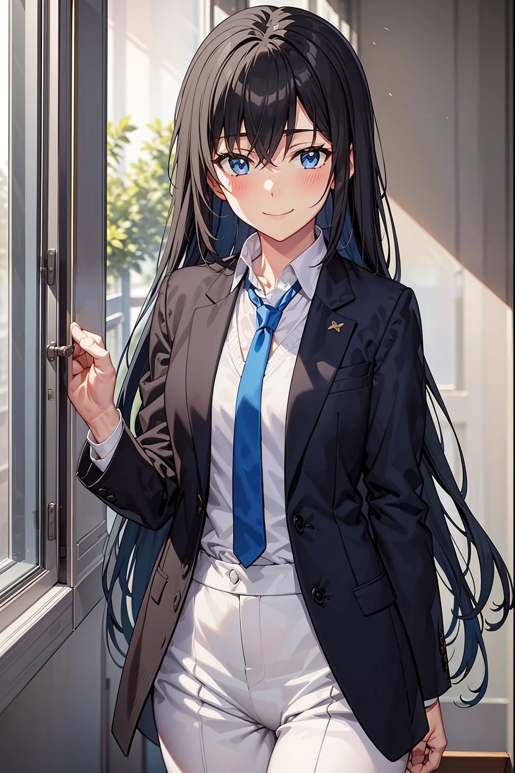 Yukinoshita Yukino wears a tuxedo coat, 1girl, Snafu anime, Female Butler, Elegant blue evening tie, collared shirt, bloomers, Black tail coat, Detailed background of the room, eyes blue, closed mouth, Smileing, Very sexy girl in suit and tie standing by the window, 1girl, 独奏, necktie, Black hair, eyes blue, long hair, smile, jacket, looking at the scenes, shirt, bloomers, blue necktie, collared shirt, white pants, white shirt, indoors, explosions, long-sleeved, closed mouth, window, black jacket, blush, cowboy shot, ceremonial, Yukinoshita Yukino suit, A woman in a black suit and blue tie is standing next to a windowsill, 1girl, 独奏, necktie, eyes blue, jacket