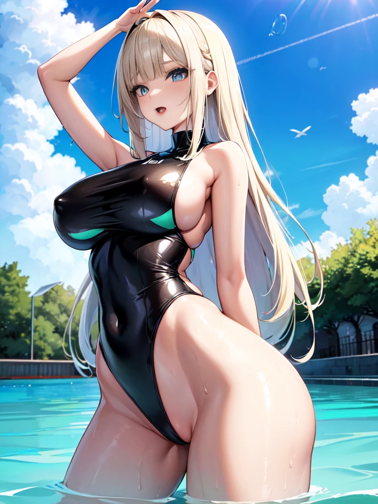 ((Best Quality)), (ultra-detailliert), ((Extremely detailed)), (Beautiful), ((Kawaii Girl)), ((nffsw)), (masutepiece), (High quality), (Best Quality), (4K), (High quality), 1, Solo Girl, 1girl in, ((platinum-blonde-hair)), Parted bangs, ((Hair intake)), Long hair, (Her hair is long and up on both sides..), ((Jade-colored eyes)), slanted eye, Large breasts, Slender body, latex black competition swimsuit, Pool Background, (Blue sky:1.3), Solar, Sunlight, Anime, ;D