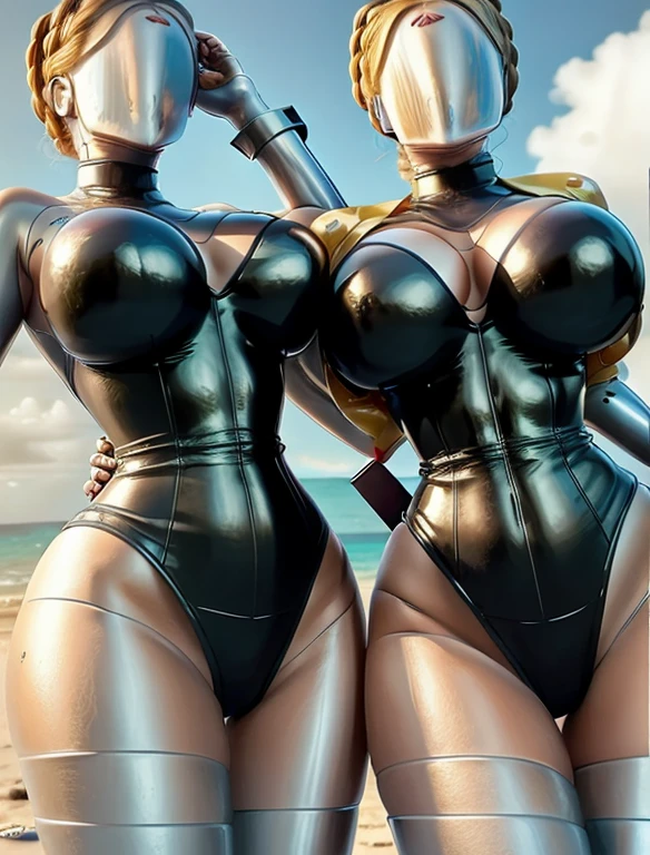 titsonastick, (anime), (illustration), cartoon, detailed, , twins, (on beach:1.3), busty, huge breasts, wide hips, (soaked in oil:1.2), posing