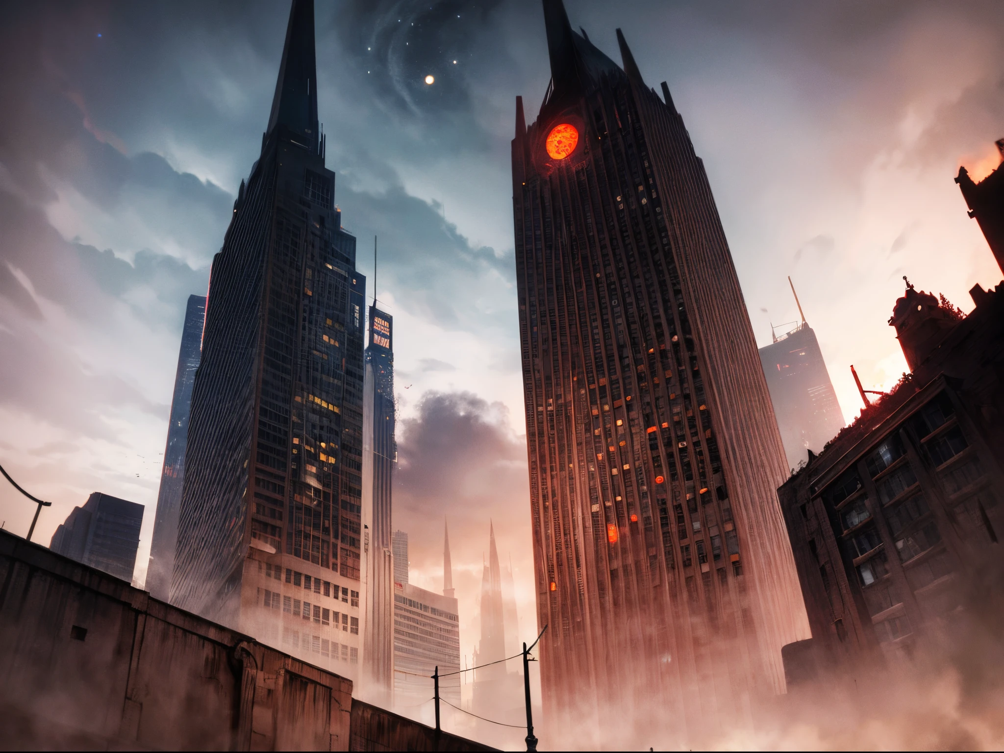 An eerie cityscape with ominous shadows, twisted buildings, and a blood-red moon in the sky. The stars take on a sinister glow, giving the scene a haunting vibe.