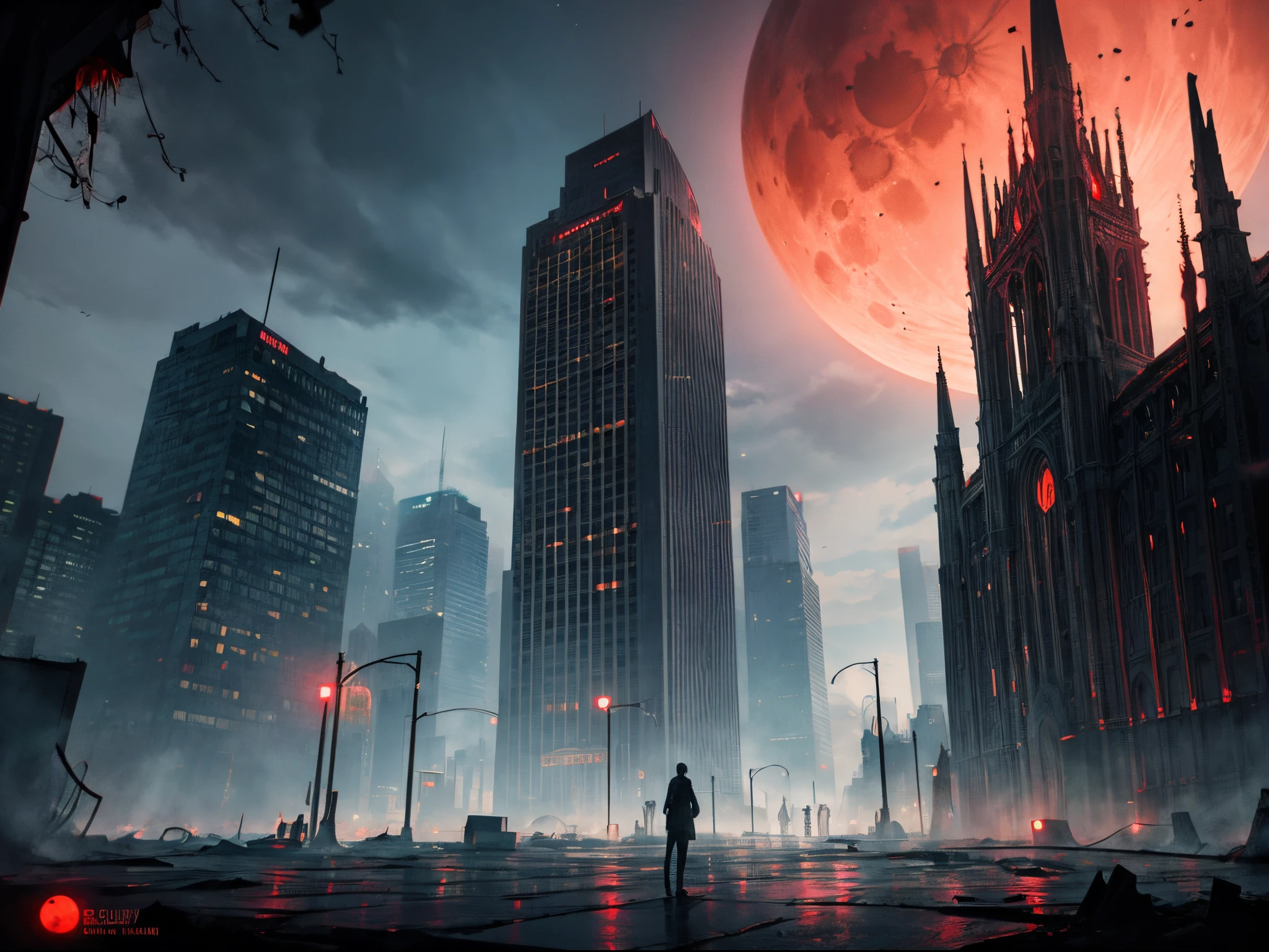 An eerie cityscape with ominous shadows, twisted buildings, and a blood-red moon in the sky. The stars take on a sinister glow, giving the scene a haunting vibe.