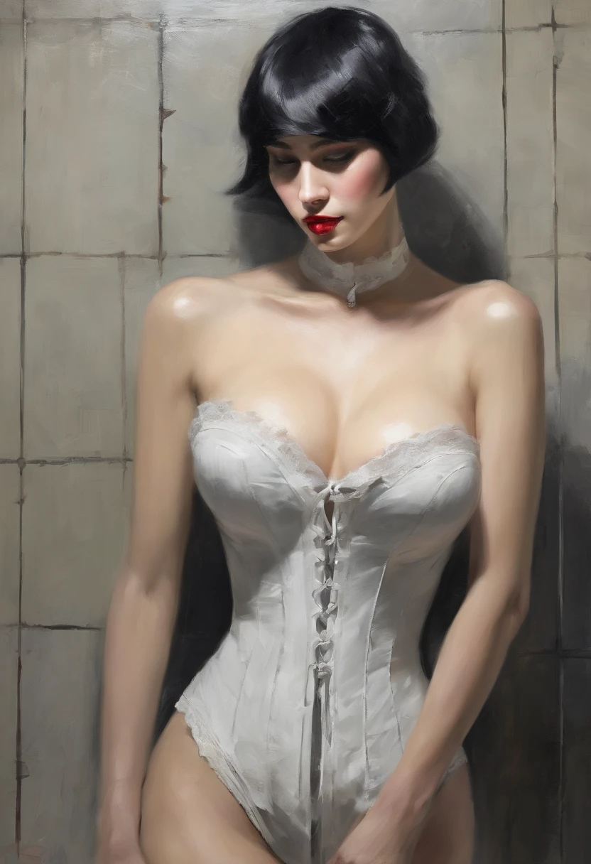 Black corset,束缚、(in prison cell)、full bodyesbian、((top-quality、8k、​masterpiece:1.3))、Crisp focus:1.2、Beautiful woman with perfect body shape:1.4、Slender abs:1.2、((layers-Cut、huge tit:1.2))、(Sateen、Street:1.2)、a wet body:1.5、Highly detailed facial and skin texture、A detailed eye、Bery short hair,BDSM,slave,rubber