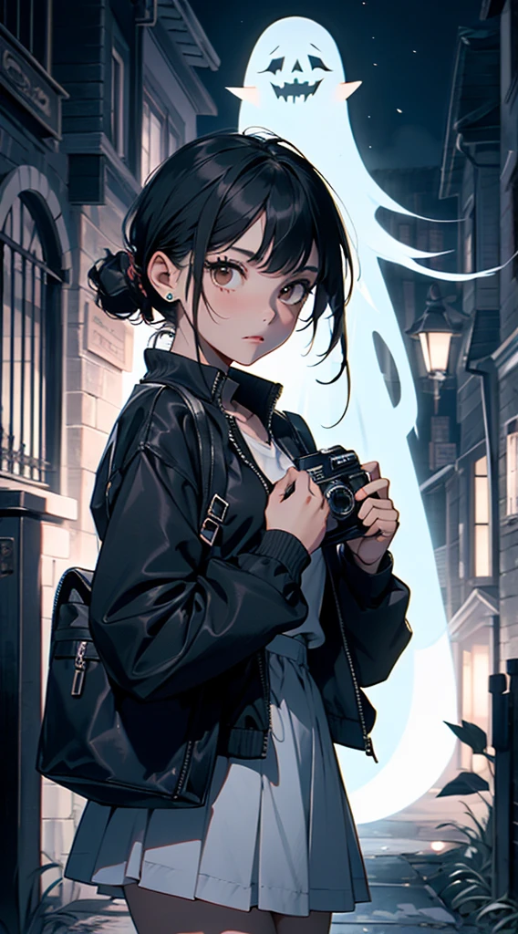  girl, black hair, brown eyes, holding a camera, scared, high quality, haunted mansion background, realistic ghost in the background, scared expression, blue jean skirt,