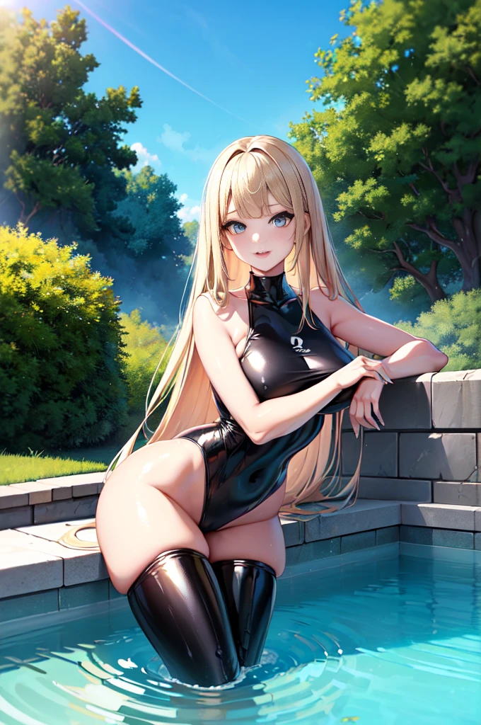 ((Best Quality)), (ultra-detailliert), ((Extremely detailed)), (Beautiful), ((Kawaii Girl)), ((nffsw)), (masutepiece), (High quality), (Best Quality), (4K), (High quality), 1, Solo Girl, 1girl in, ((platinum-blonde-hair)), Parted bangs, ((Hair intake)), Long hair, (Her hair is long and up on both sides..), ((Jade-colored eyes)), slanted eye, Large breasts, Slender body, latex black competition swimsuit, Pool Background, (Blue sky:1.3), Solar, Sunlight, Anime, ;D