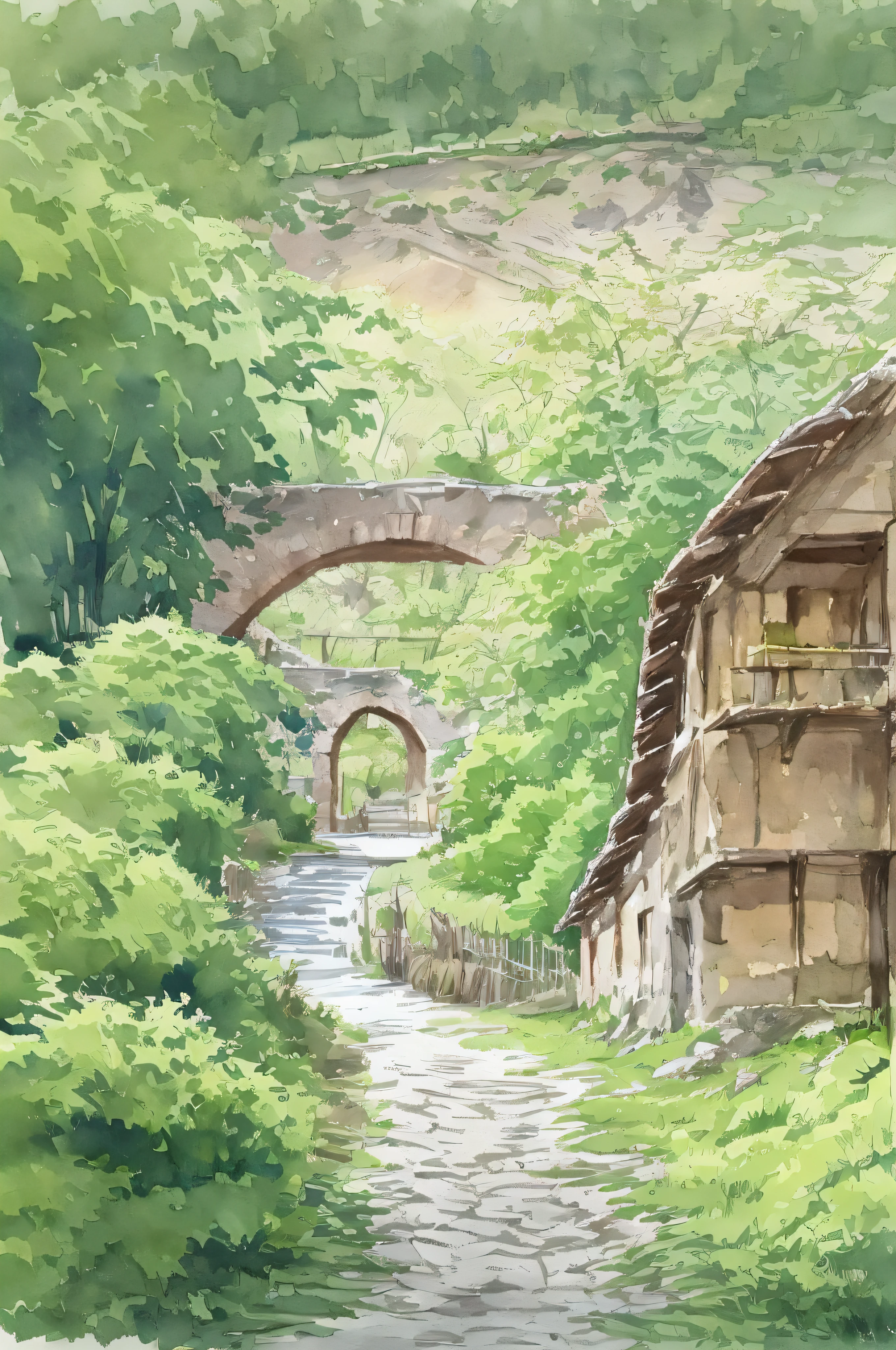 The river of hometown，small bridges，misterious，watercolor paiting，There are mountains in the distance and flocks of sheep nearby，The flock briefly draws