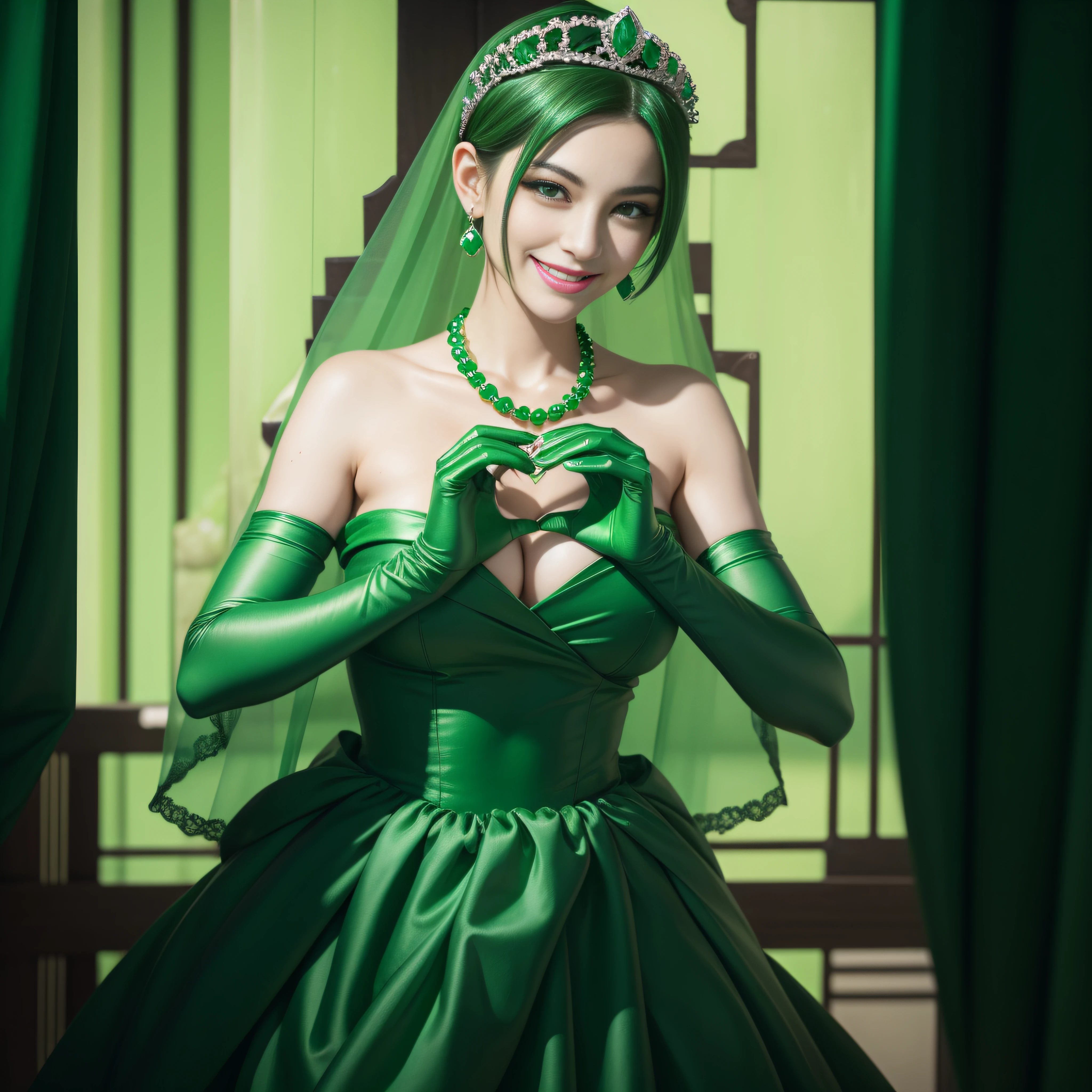 emerald tiara, Green Pearl Necklace, Boyish very short green hair, lipsticks, Japan woman smiling, very short short hair, big breasts beautiful, Green eyes, Long green gloves made of satin material, Green eyes, Emerald Earrings, green vale, Heart with both hands