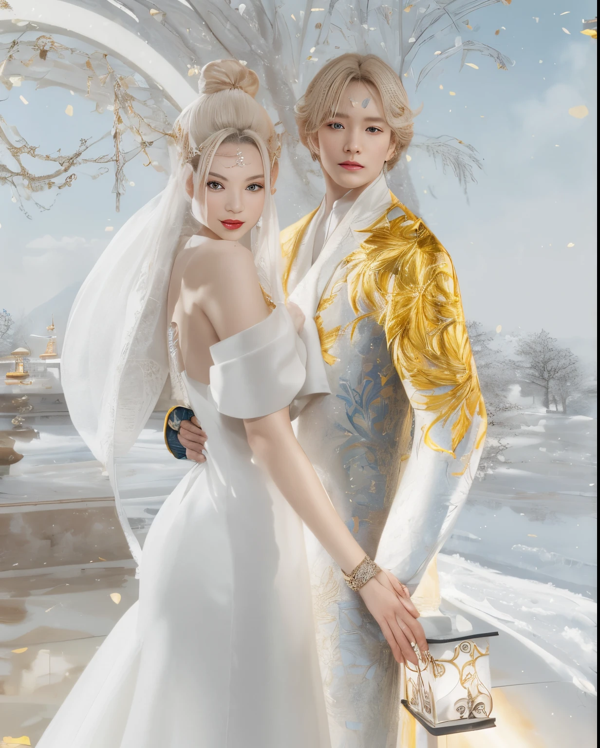 there are two people dressed in white and gold posing for a picture, & jeehyung lee & wlop, inspired by Sim Sa-jeong, ruan jia and brom, white and gold robes, queen of ice and storm, nixeu and sakimichan, inspired by Kim Deuk-sin, gold and white robes, white and gold priestess robes